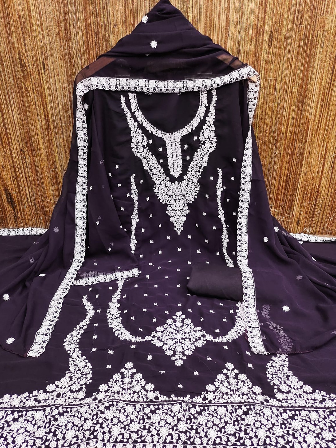 

ZEEPKART Floral Embroidered Unstitched Dress Material, Black