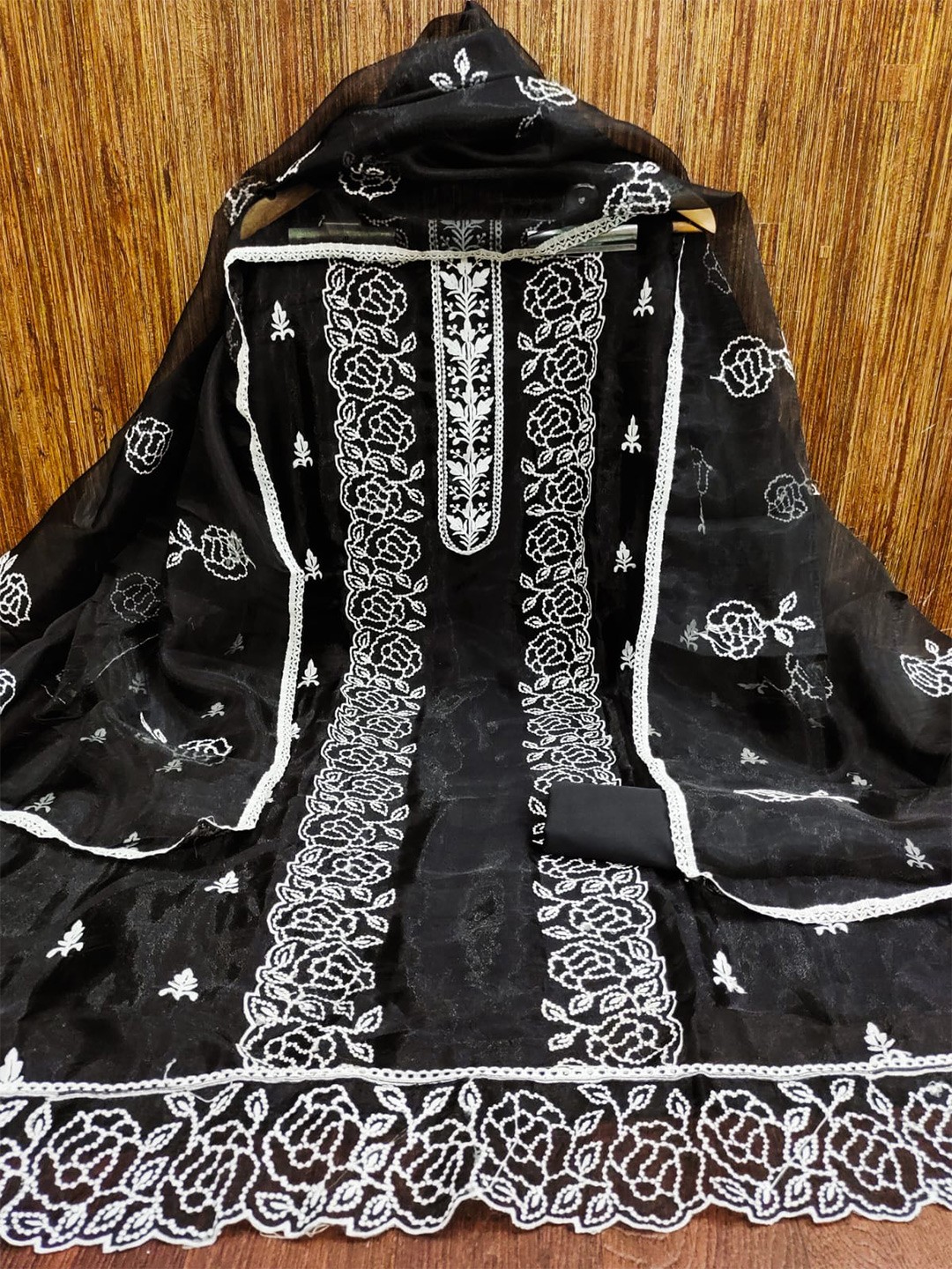 

ZEEPKART Floral Embroidered Unstitched Dress Material, Black