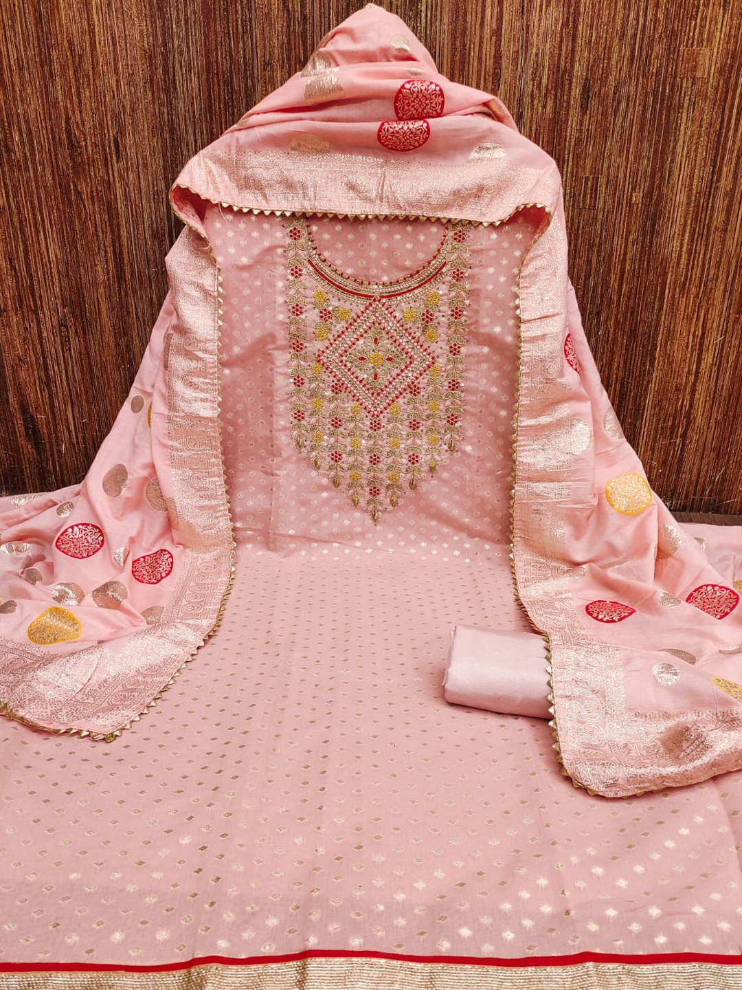 

ZEEPKART Ethnic Motifs Embroidered Sequinned Unstitched Dress Material, Pink