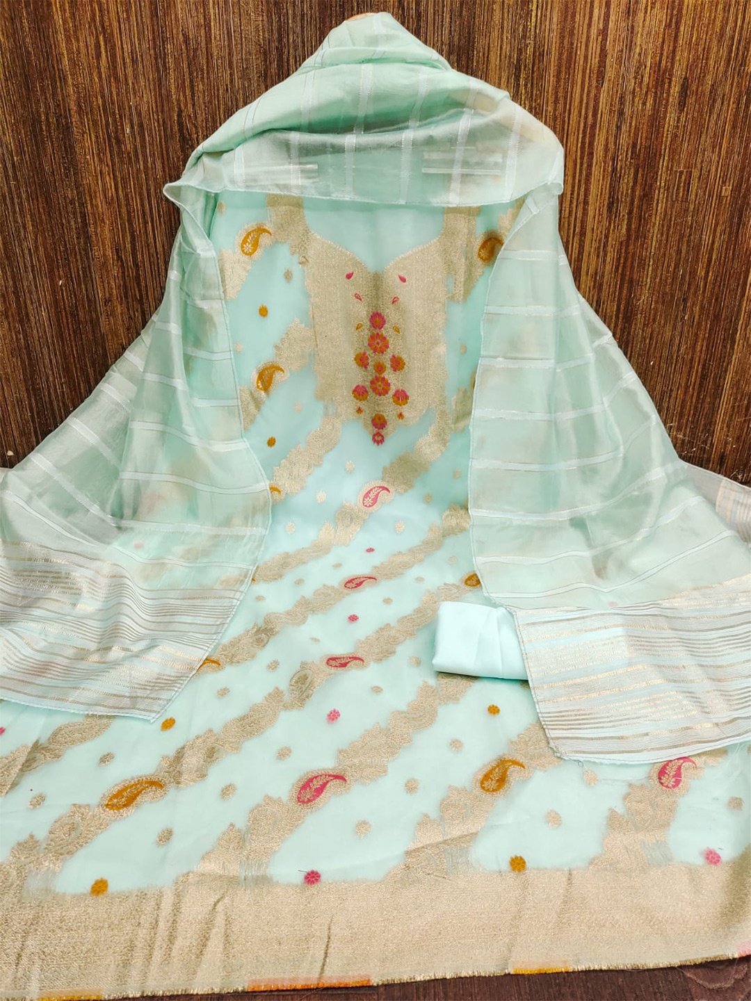 

ZEEPKART Ethnic Motifs Woven Design Organza Unstitched Dress Material, Green