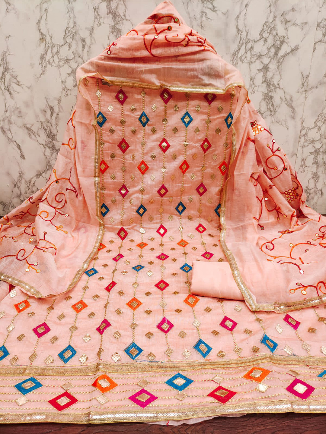 

ZEEPKART Geometric Embroidered Unstitched Dress Material, Orange