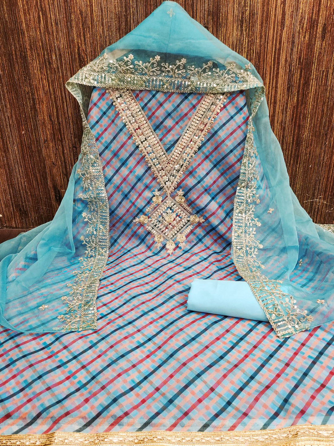 

ZEEPKART Geometric Printed Zari Unstitched Dress Material, Blue
