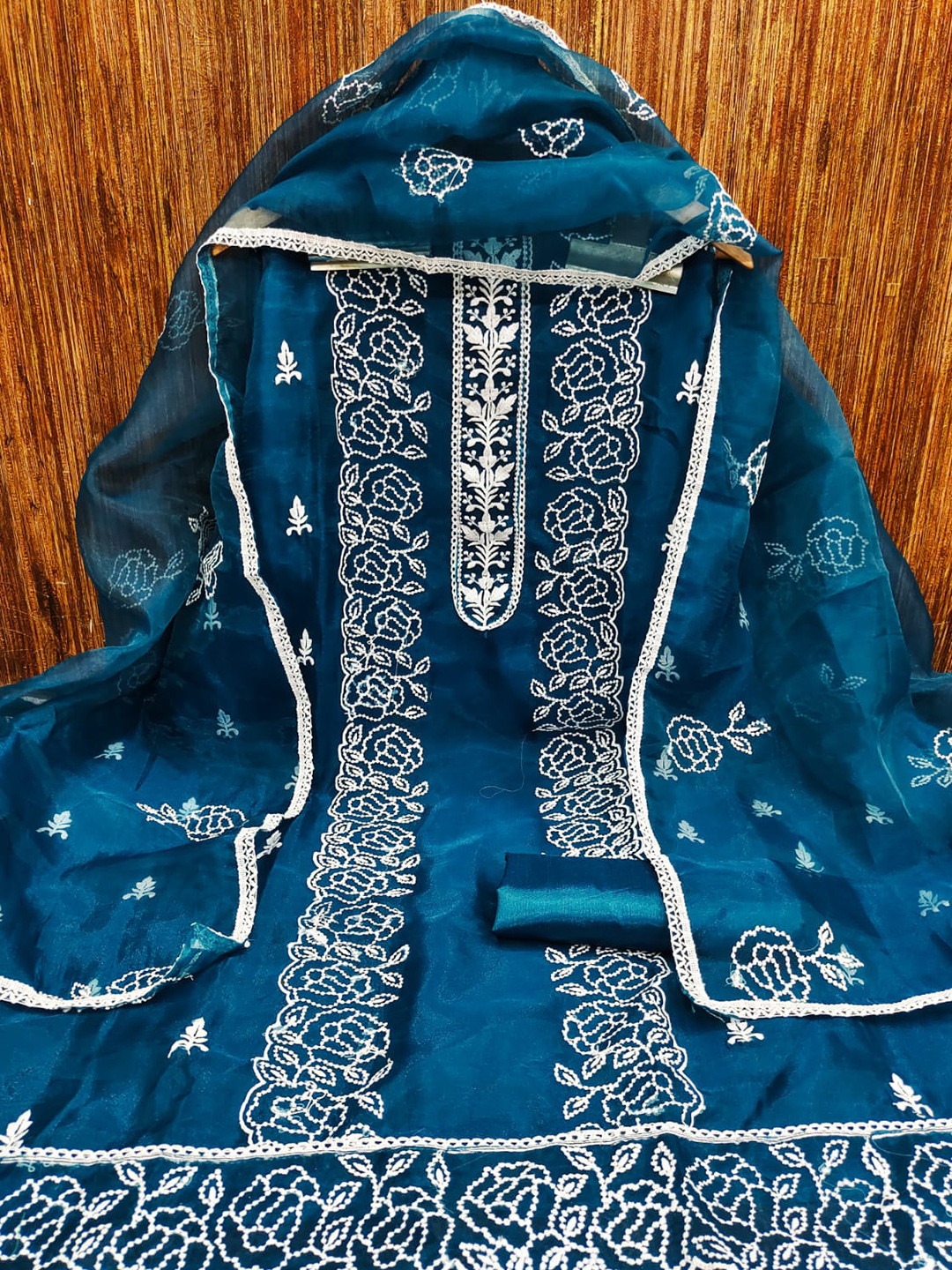 

ZEEPKART Floral Embroidered Unstitched Dress Material, Blue