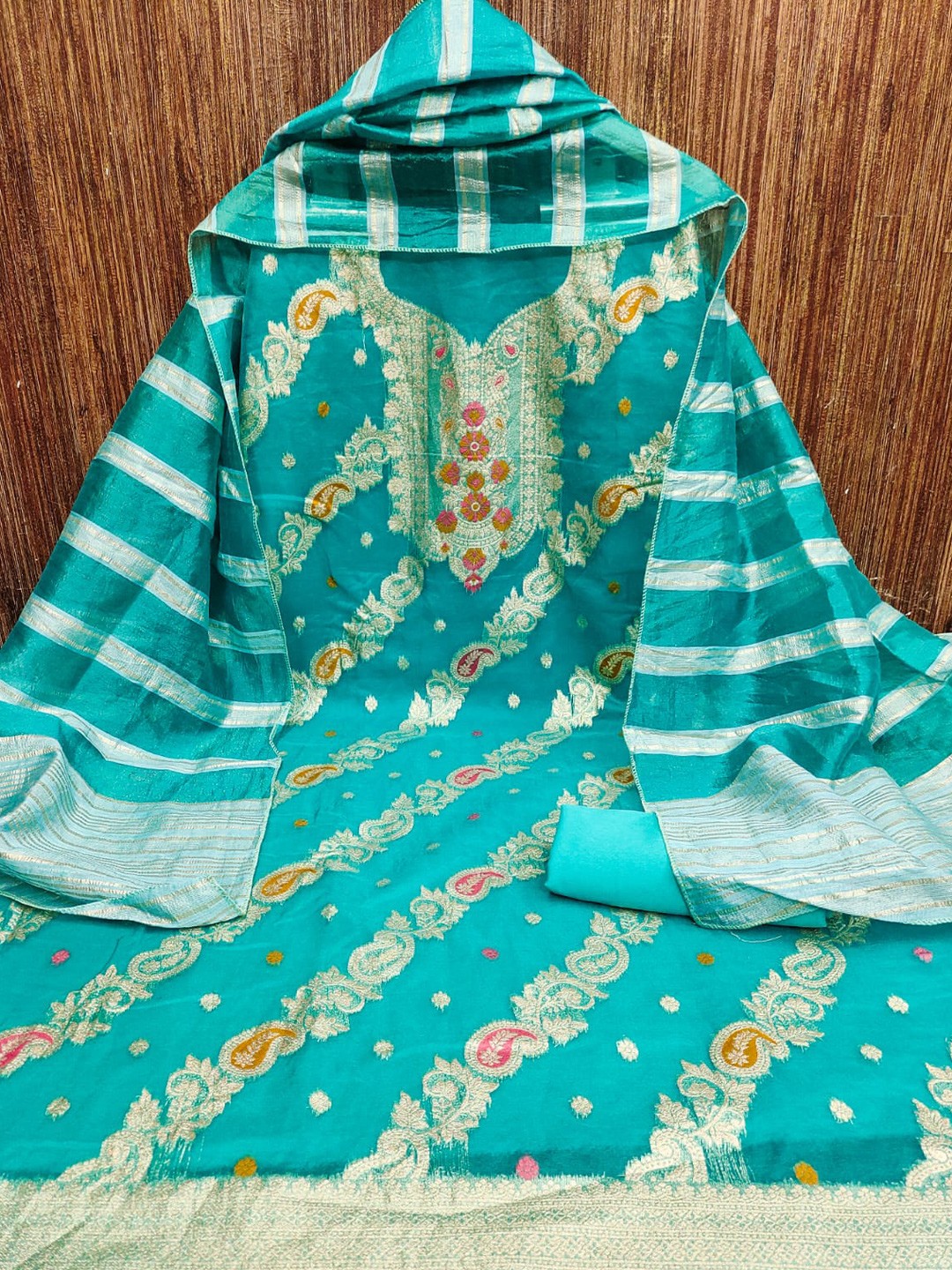 

ZEEPKART Ethnic Motifs Woven Design Organza Unstitched Dress Material, Blue