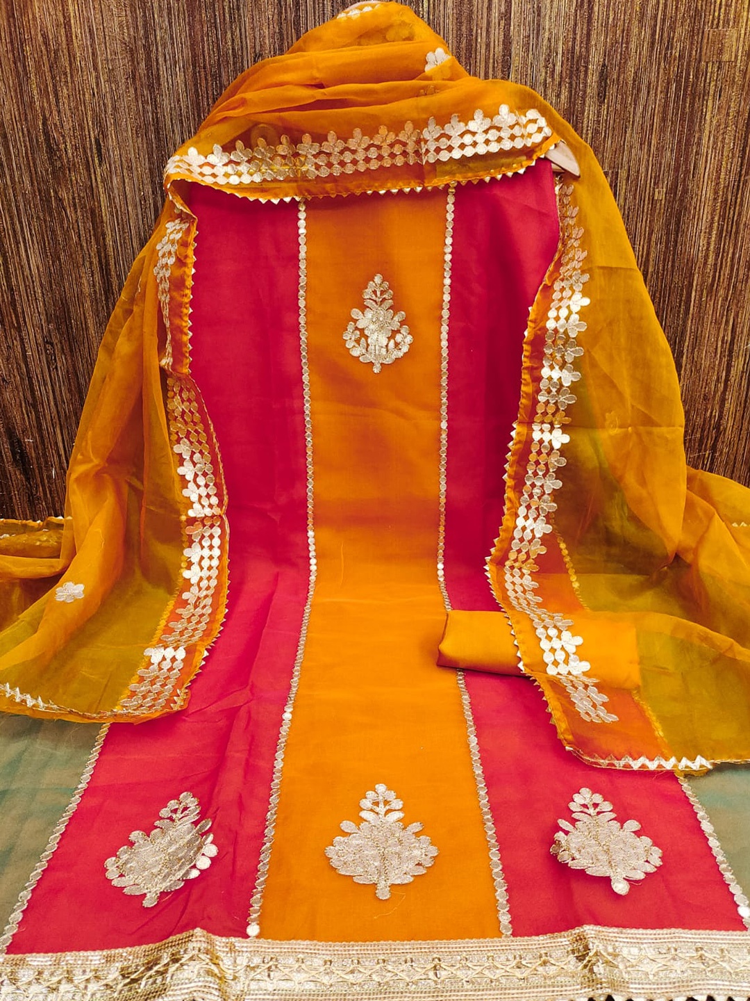 

ZEEPKART Ethnic Motifs Woven Design Organza Unstitched Dress Material, Gold