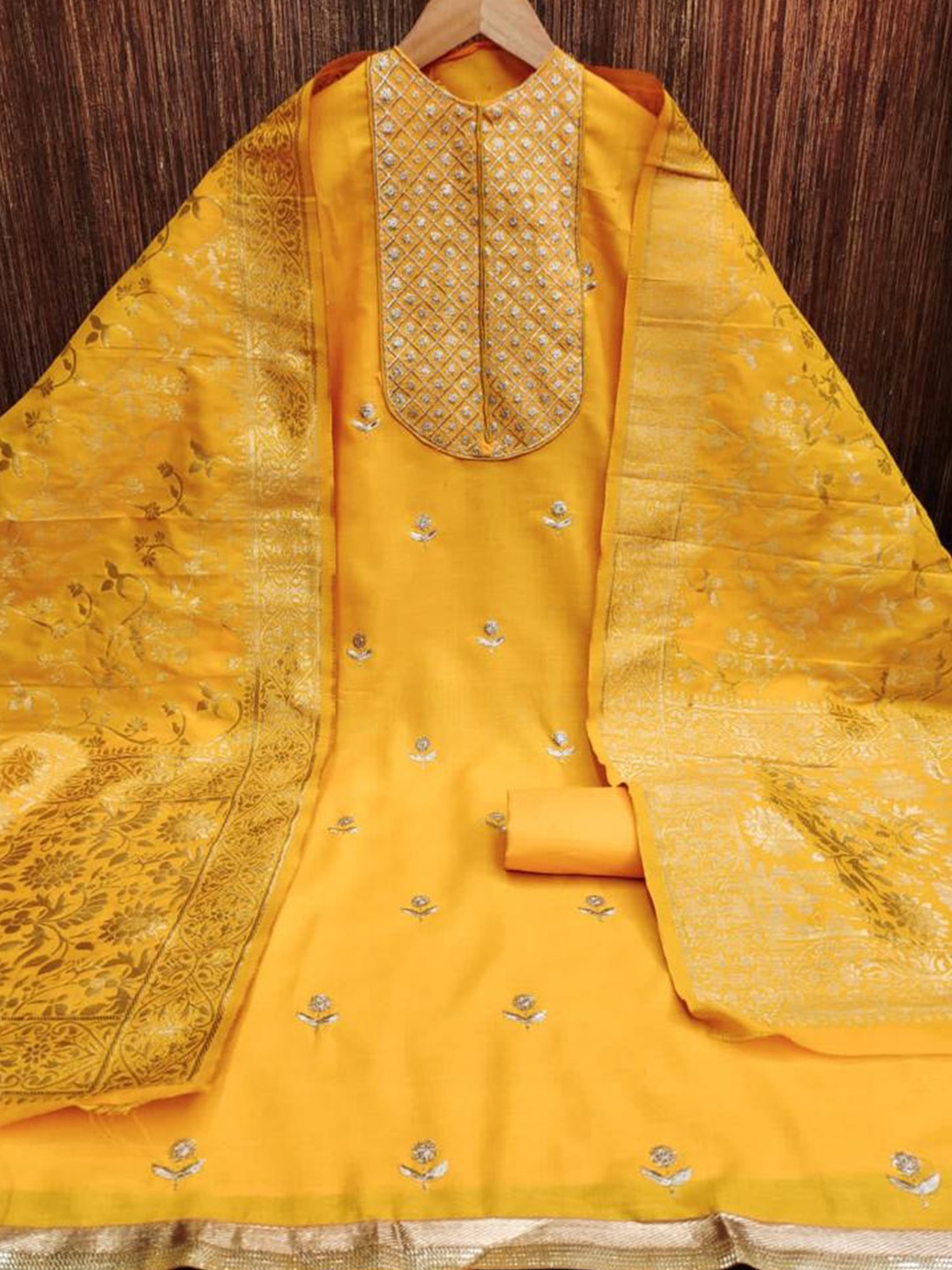 

ZEEPKART Floral Embroidered Unstitched Dress Material, Yellow