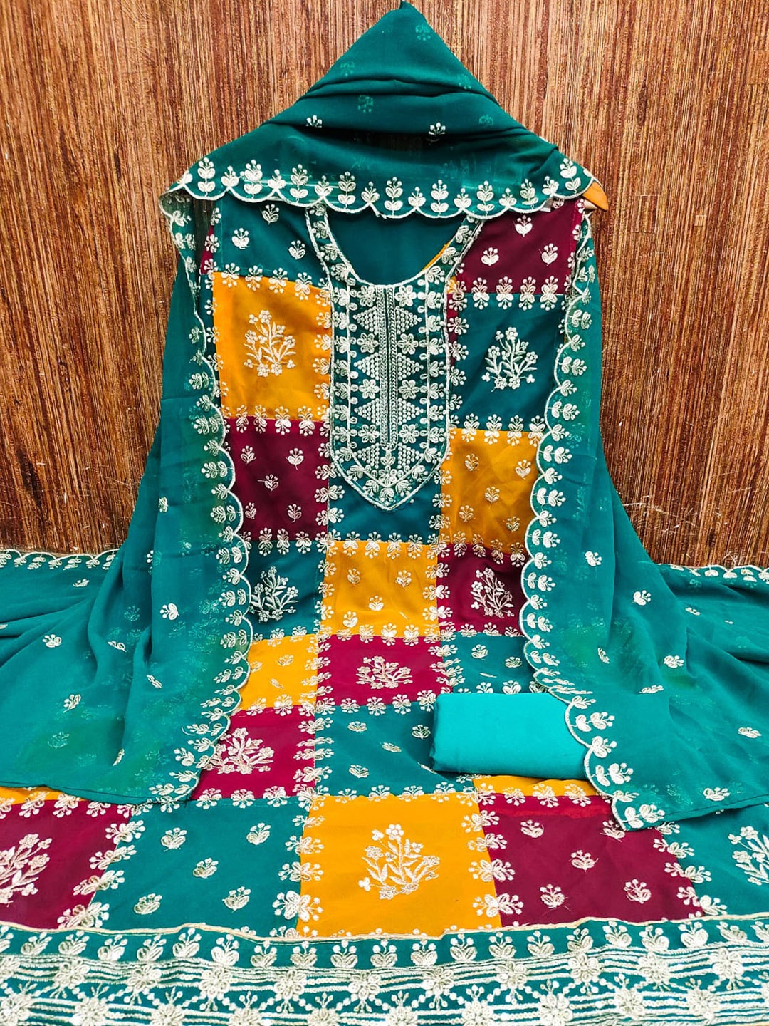 

ZEEPKART Floral Embroidered Sequined Unstitched Dress Material, Blue