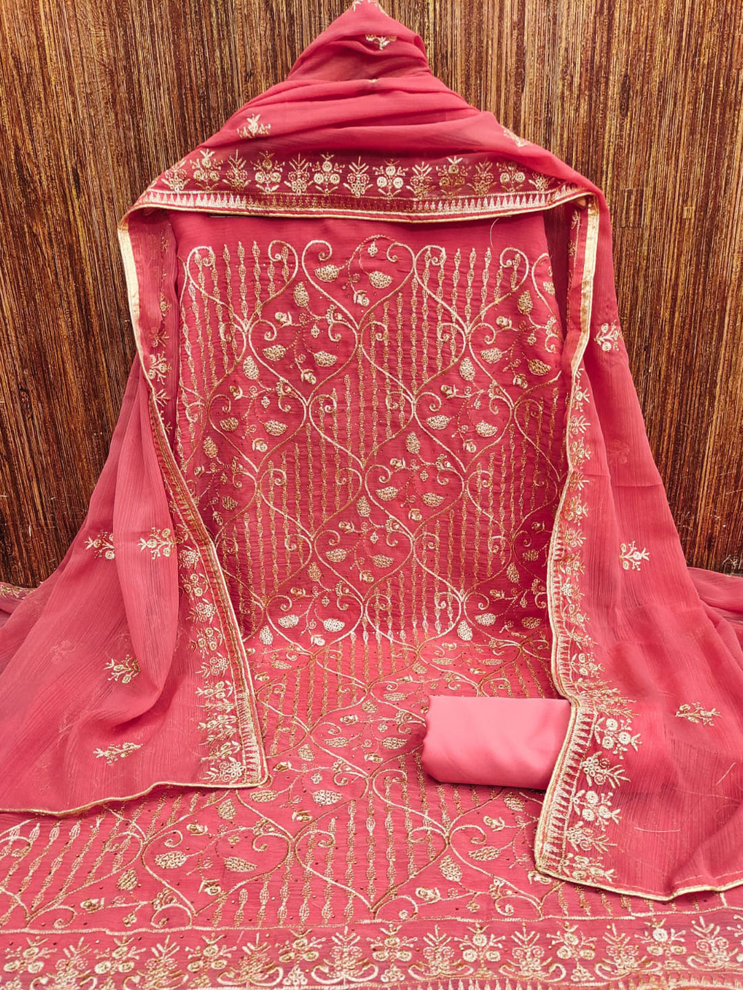 

ZEEPKART Ethnic Motifs Embroidered Sequinned Unstitched Dress Material, Pink