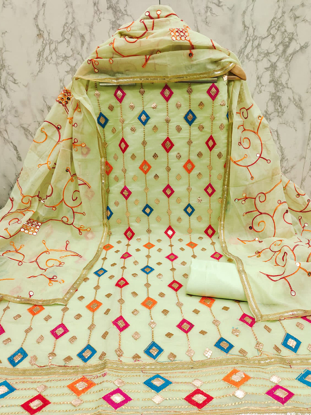 

ZEEPKART Geometric Embroidered Mirror Work Unstitched Dress Material, Green
