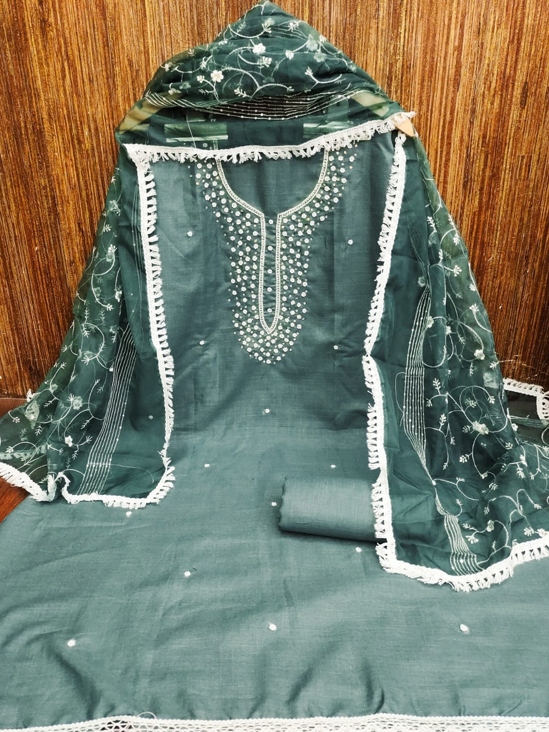 

ZEEPKART Polka Dots Embroidered Unstitched Dress Material, Green