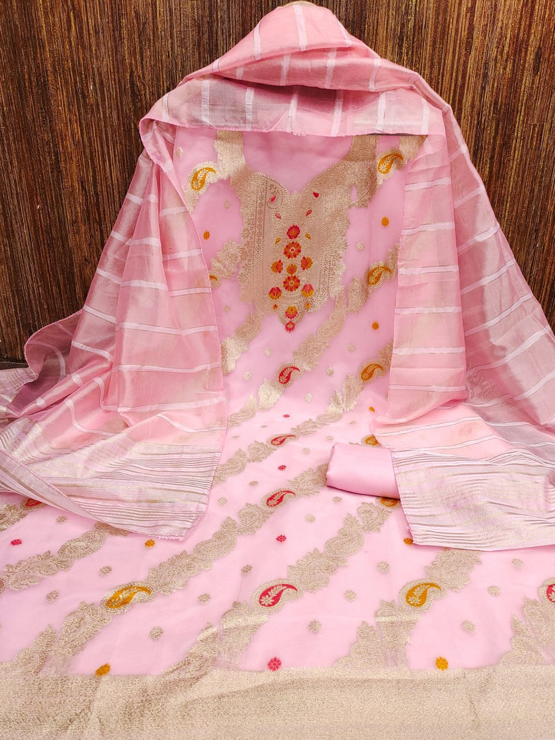 

ZEEPKART Ethnic Motifs Woven Design Unstitched Dress Material, Pink