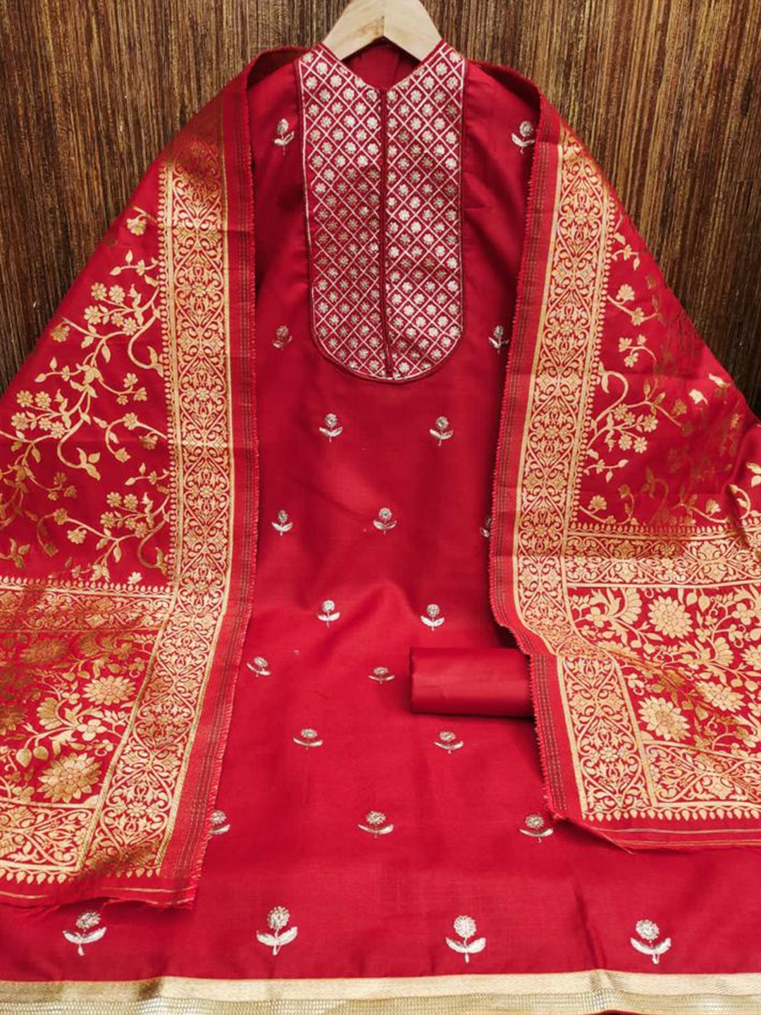 

ZEEPKART Floral Embroidered Unstitched Dress Material, Red