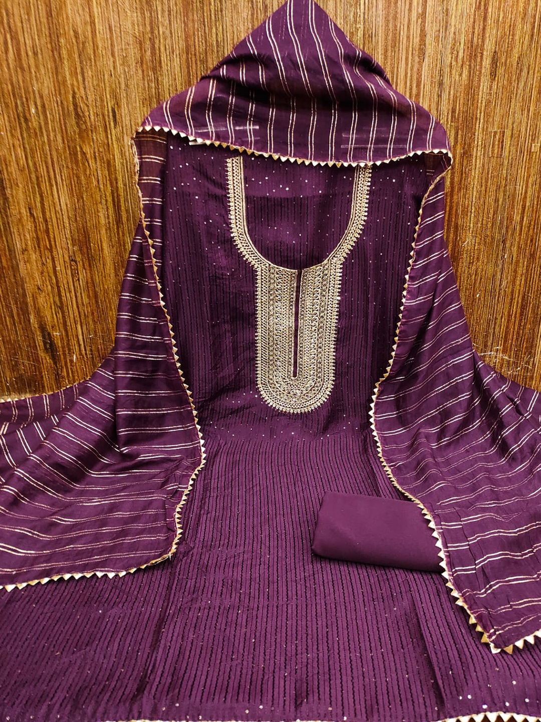 

ZEEPKART Striped Embroidered Sequinned Unstitched Dress Material, Purple