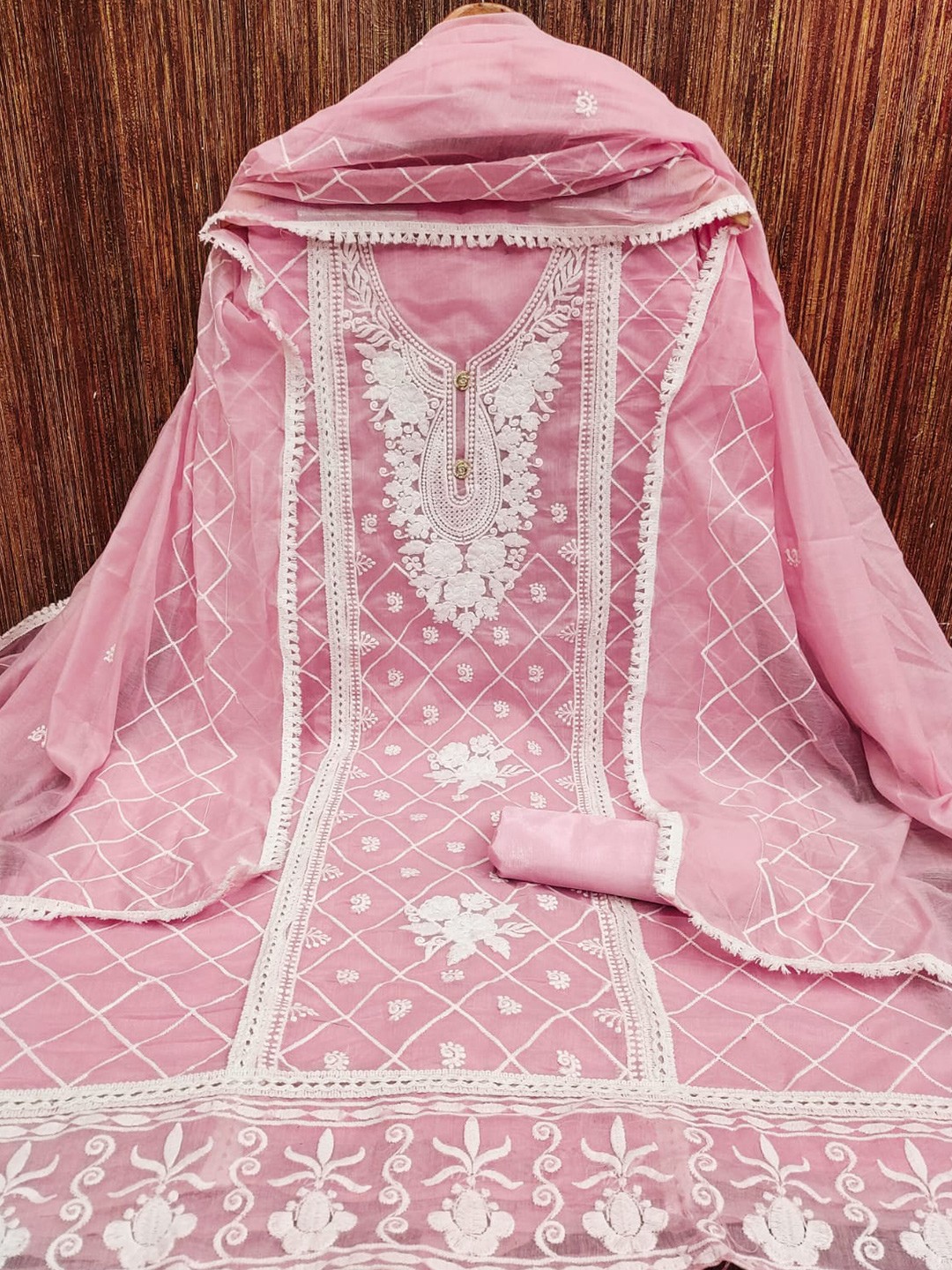 

ZEEPKART Floral Embroidered Unstitched Dress Material, Pink