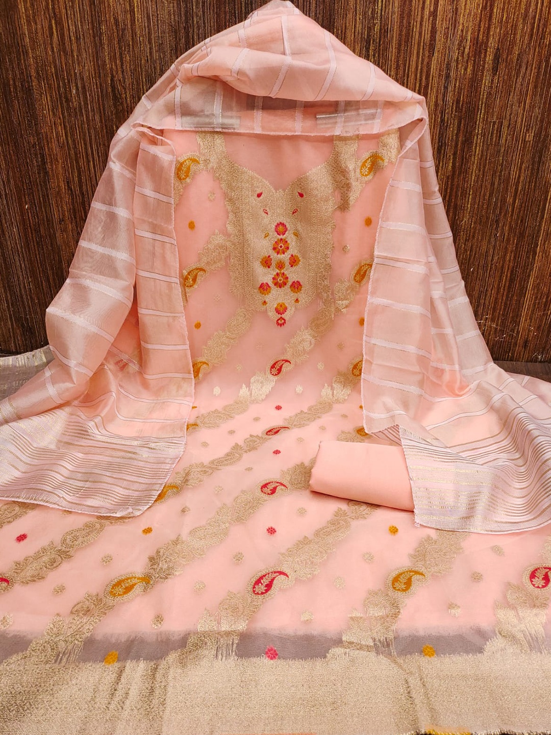 

ZEEPKART Ethnic Motifs Embroidered Zari Unstitched Dress Material, Orange