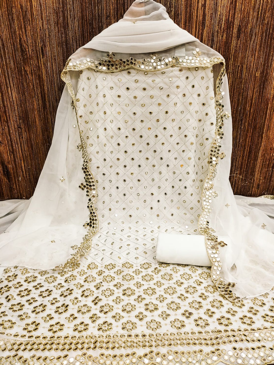 

ZEEPKART Geometric Embroidered Mirror Work Unstitched Dress Material, White