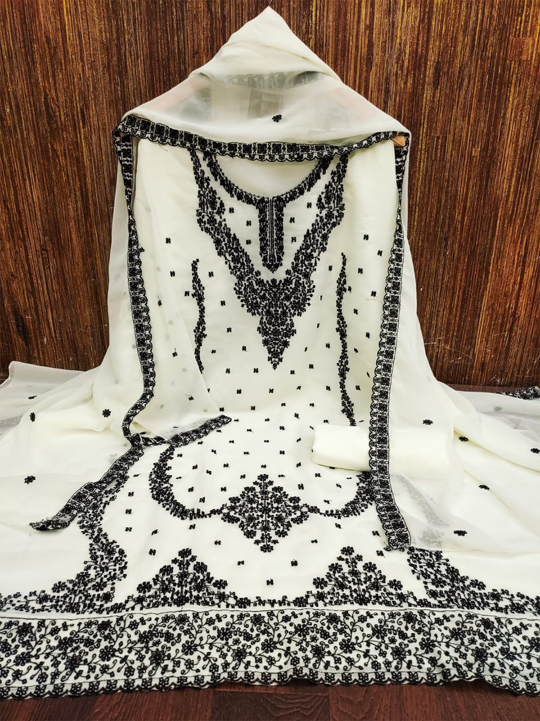 

ZEEPKART Floral Embroidered Unstitched Dress Material, White