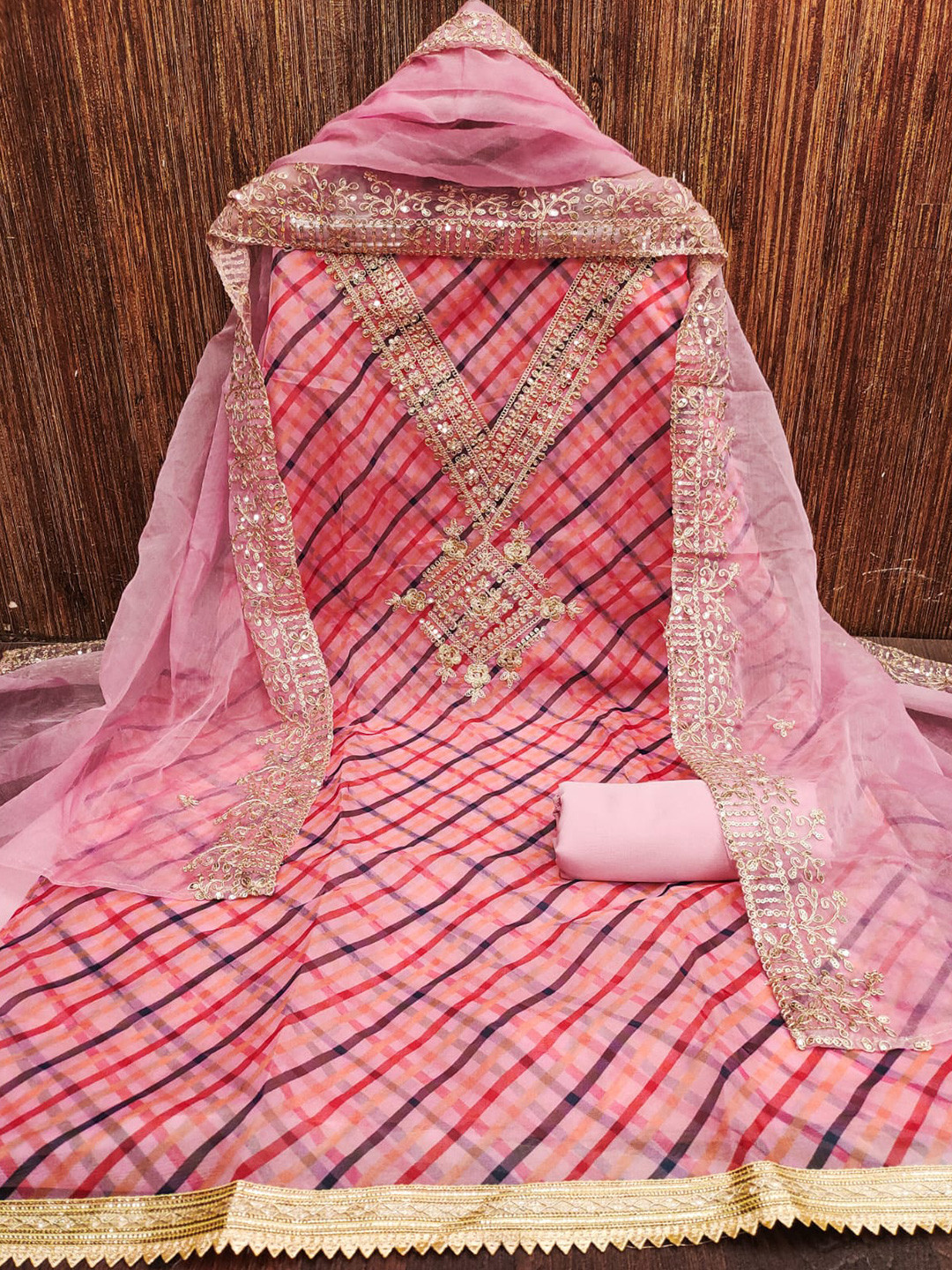 

ZEEPKART Checked Zari Unstitched Dress Material, Pink