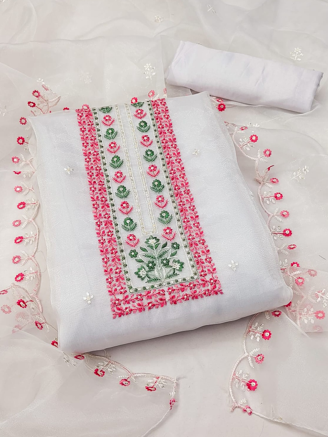 

ZEEPKART Ethnic Motifs Woven Design Unstitched Dress Material, White