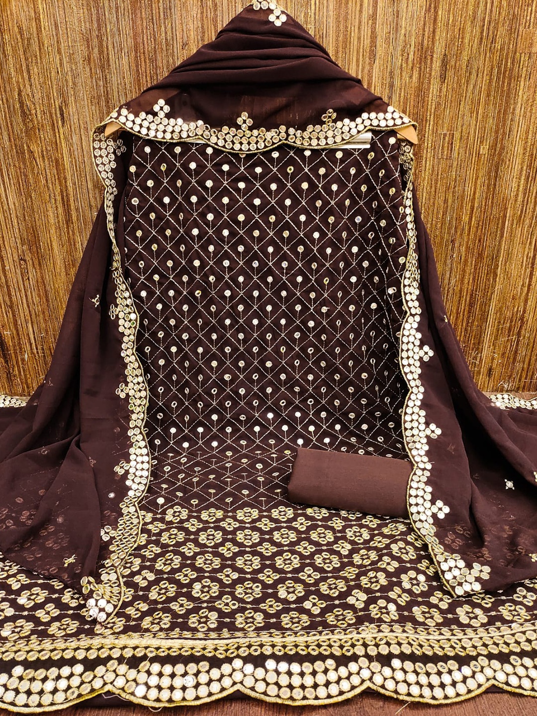 

ZEEPKART Ethnic Motifs Embroidered Mirror Work Unstitched Dress Material, Brown
