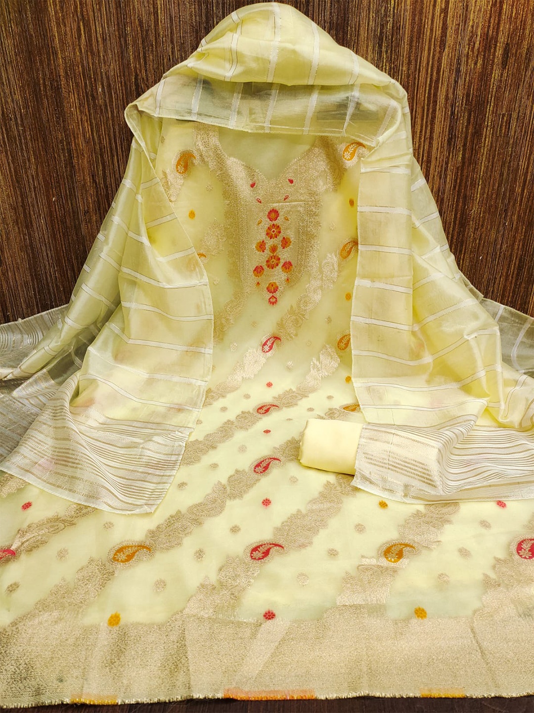 

ZEEPKART Ethnic Motifs Woven Design Organza Unstitched Dress Material, Yellow