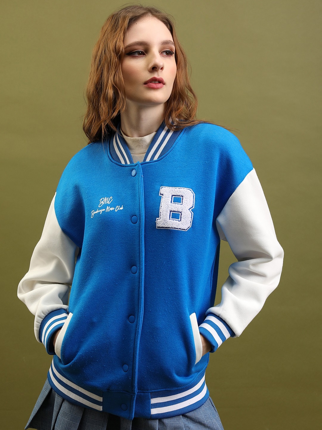 

Tokyo Talkies Typography Embroidered Mock Collar Colourblock Relaxed Varsity Jacket, Blue