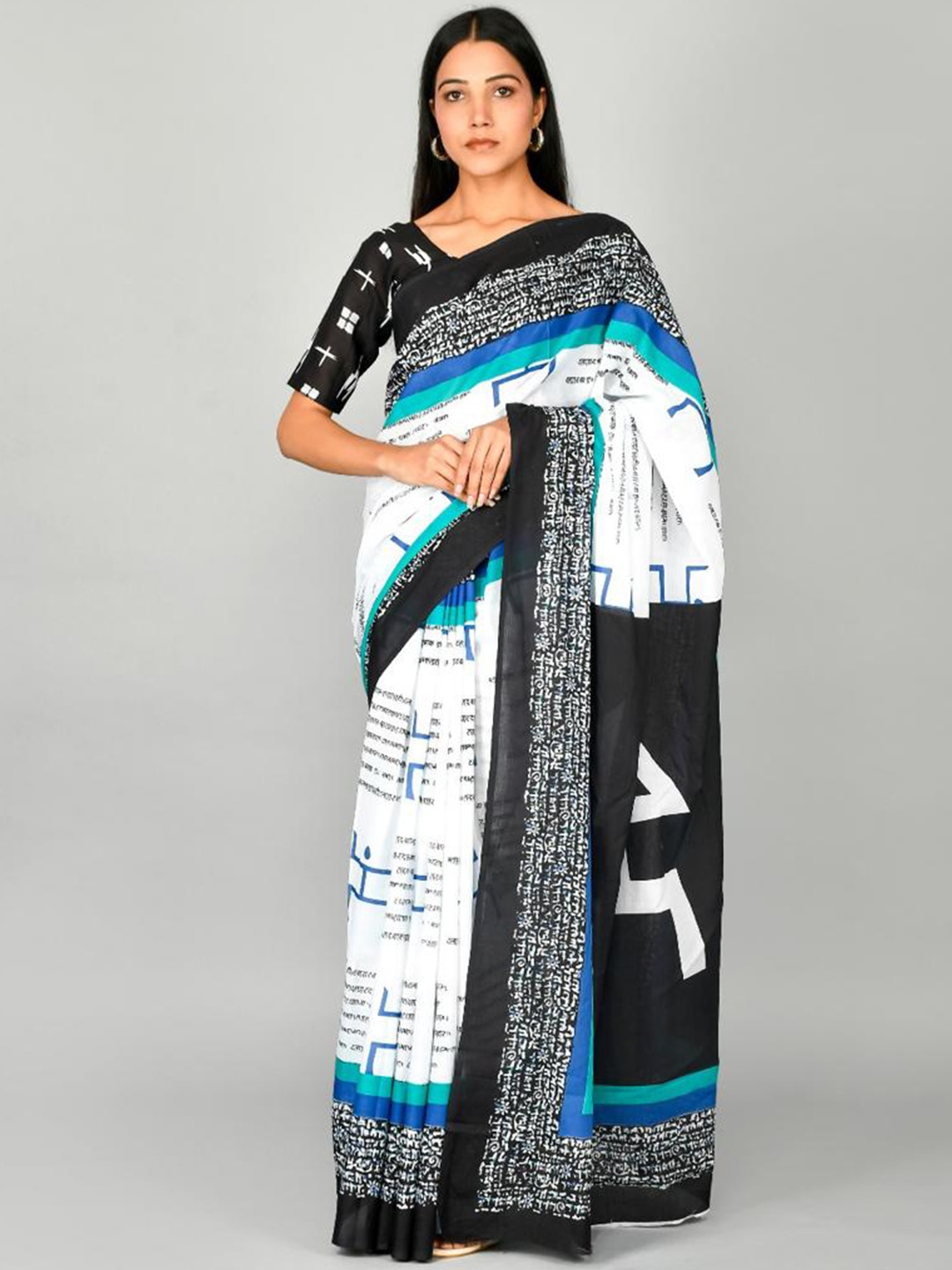 

JALTHER Ethnic Motifs Block Print Saree, White