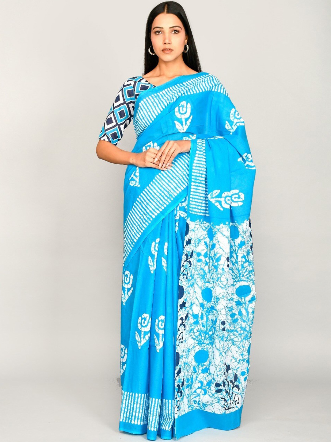 

JALTHER Ethnic Motifs Pure Cotton Block Print Saree, Blue