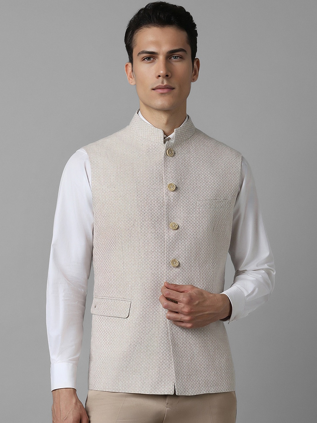 

Louis Philippe Checked Slim Fit Pure Linen Party Nehru Jacket, Beige