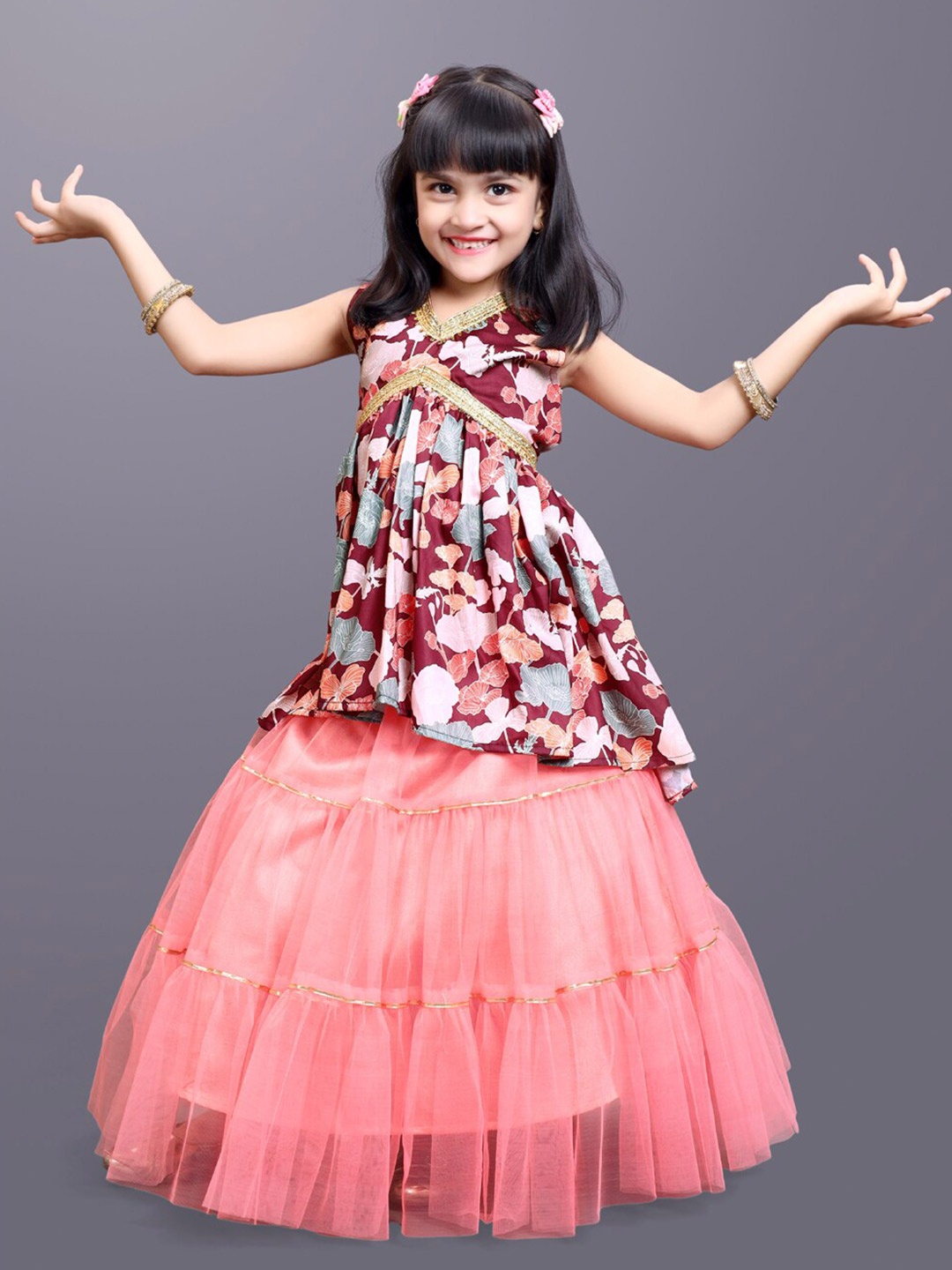 

BAESD Girls Floral Printed Gotta Patti Ready To Wear Lehenga & Choli, Magenta