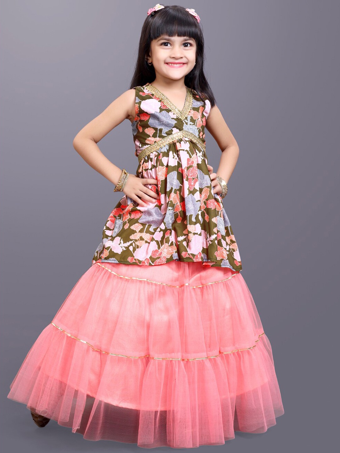 

BAESD Girls Floral Printed Gotta Patti Ready To Wear Lehenga & Choli, Green