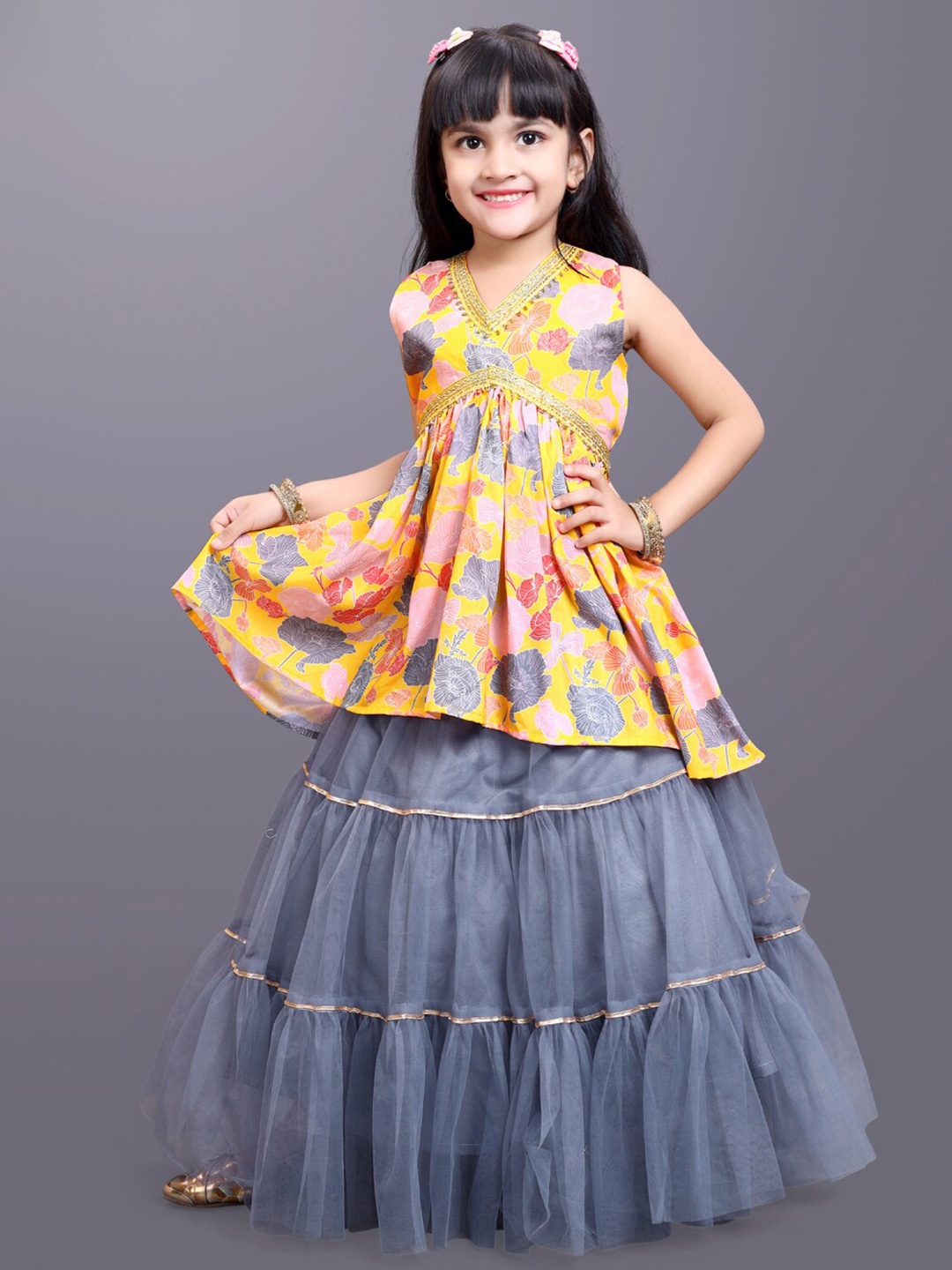 

BAESD Girls Floral Printed Gotta Patti Ready To Wear Lehenga & Choli, Yellow