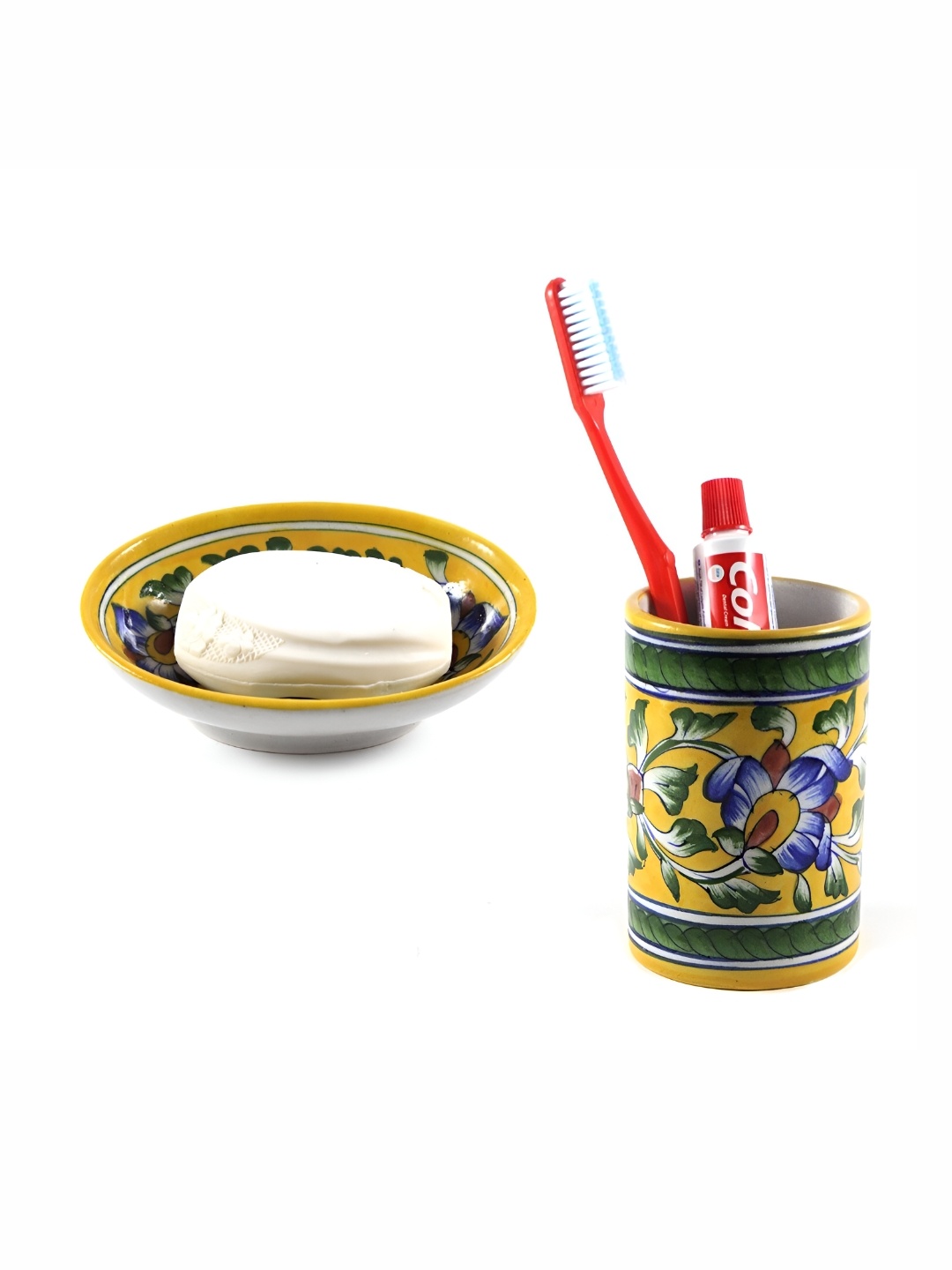 

INDIA MEETS INDIA Yellow & Green 2 Pieces Printed Ceramic Bath Accessories Set