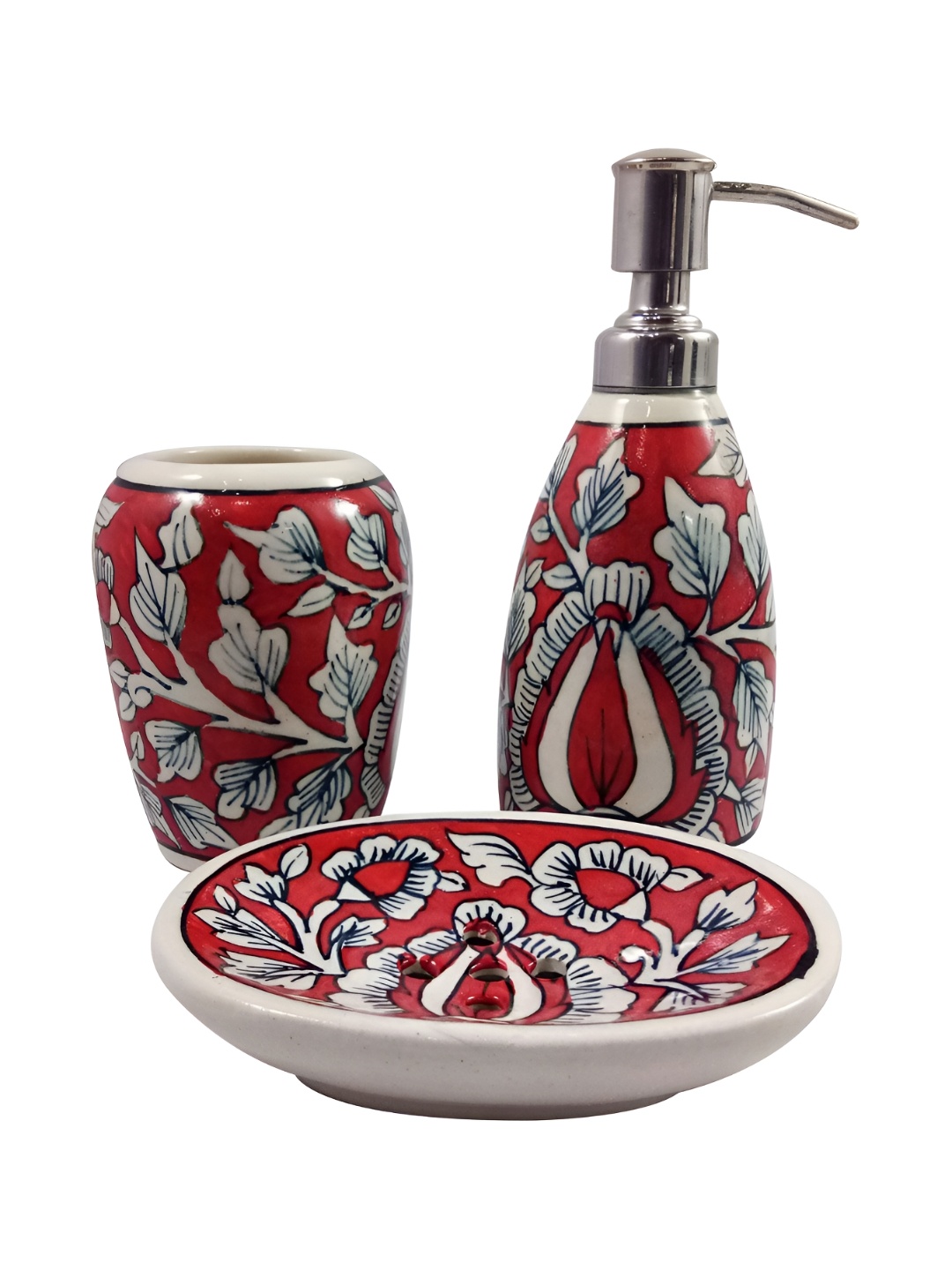 

INDIA MEETS INDIA Red 3 pieces Printed Ceramic Bath Accessories Set