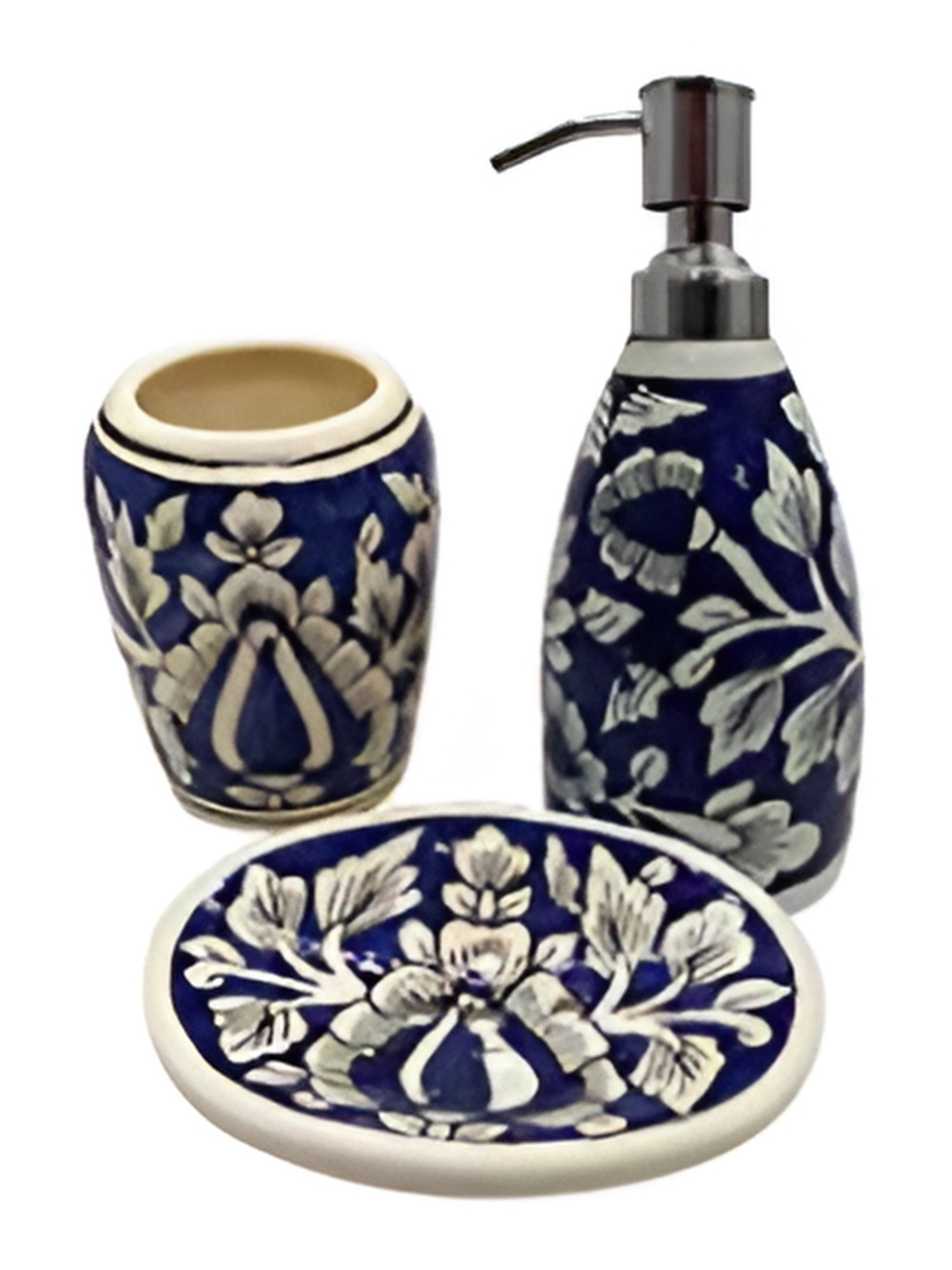 

INDIA MEETS INDIA Blue & White 3 Pieces Printed Ceramic Bath Accessories Set