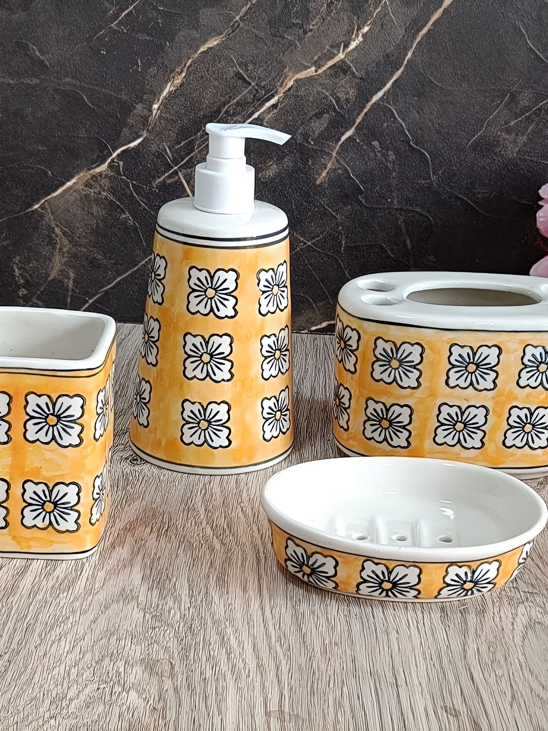 

INDIA MEETS INDIA Yellow & White 4 Pieces Printed Ceramic Bath Accessories Set