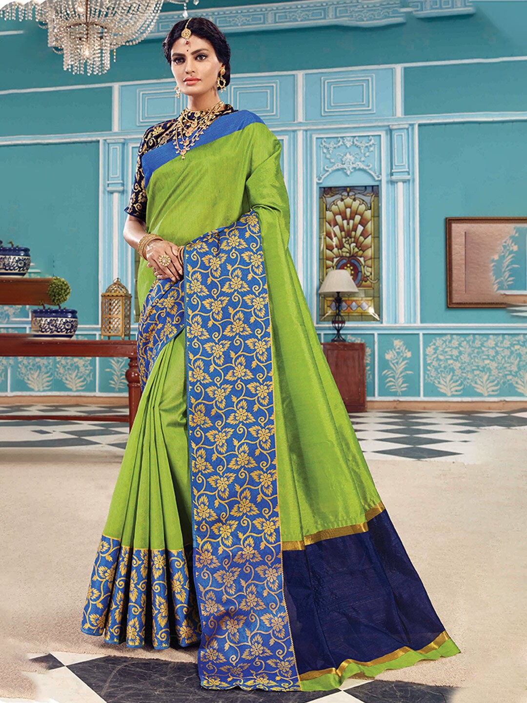 

Ishin Floral Woven Design Zari Saree, Green