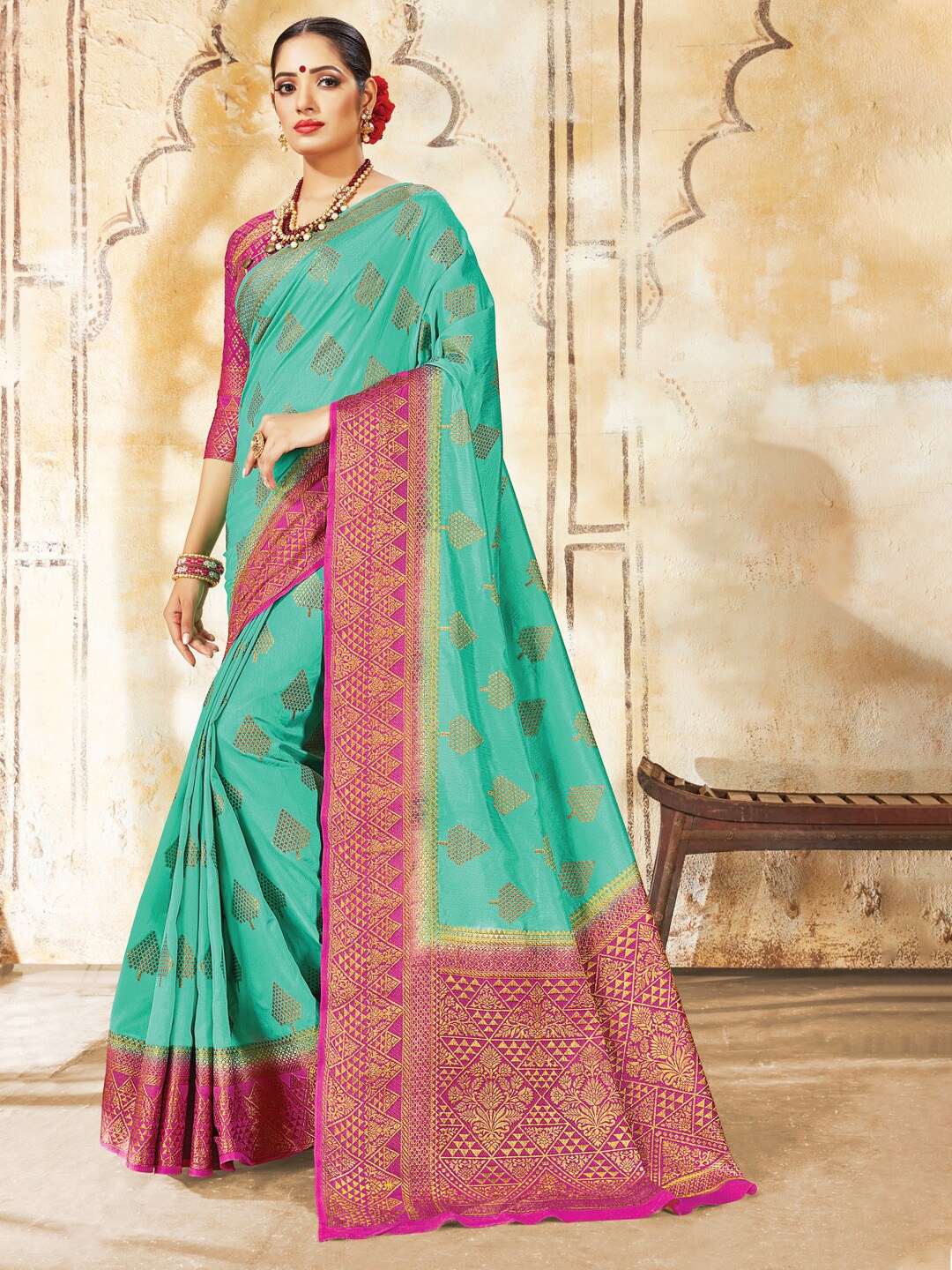 

Ishin Ethnic Motifs Woven Design Zari Saree, Sea green