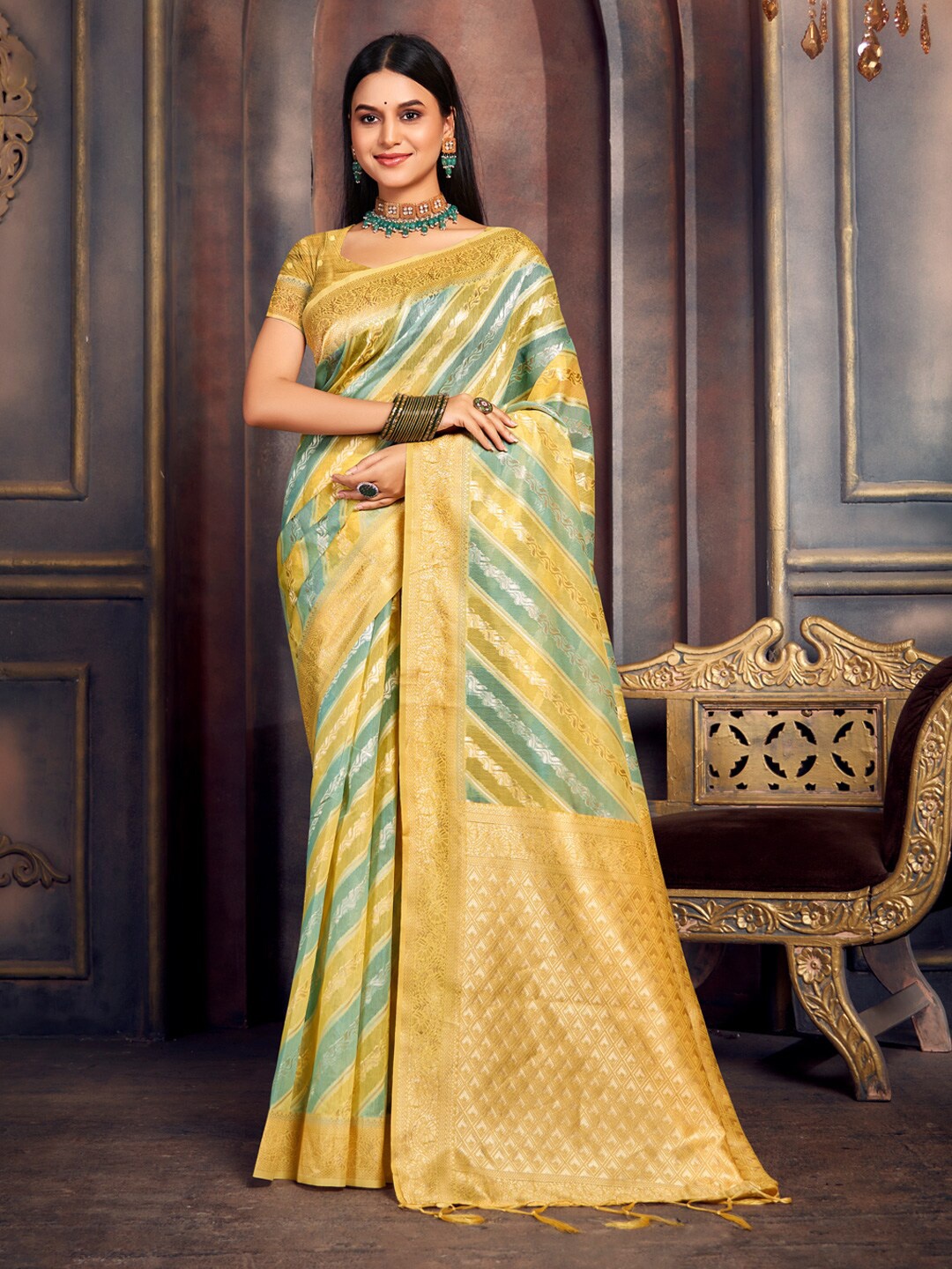 

Ishin Striped Woven Design Zari Saree, Yellow