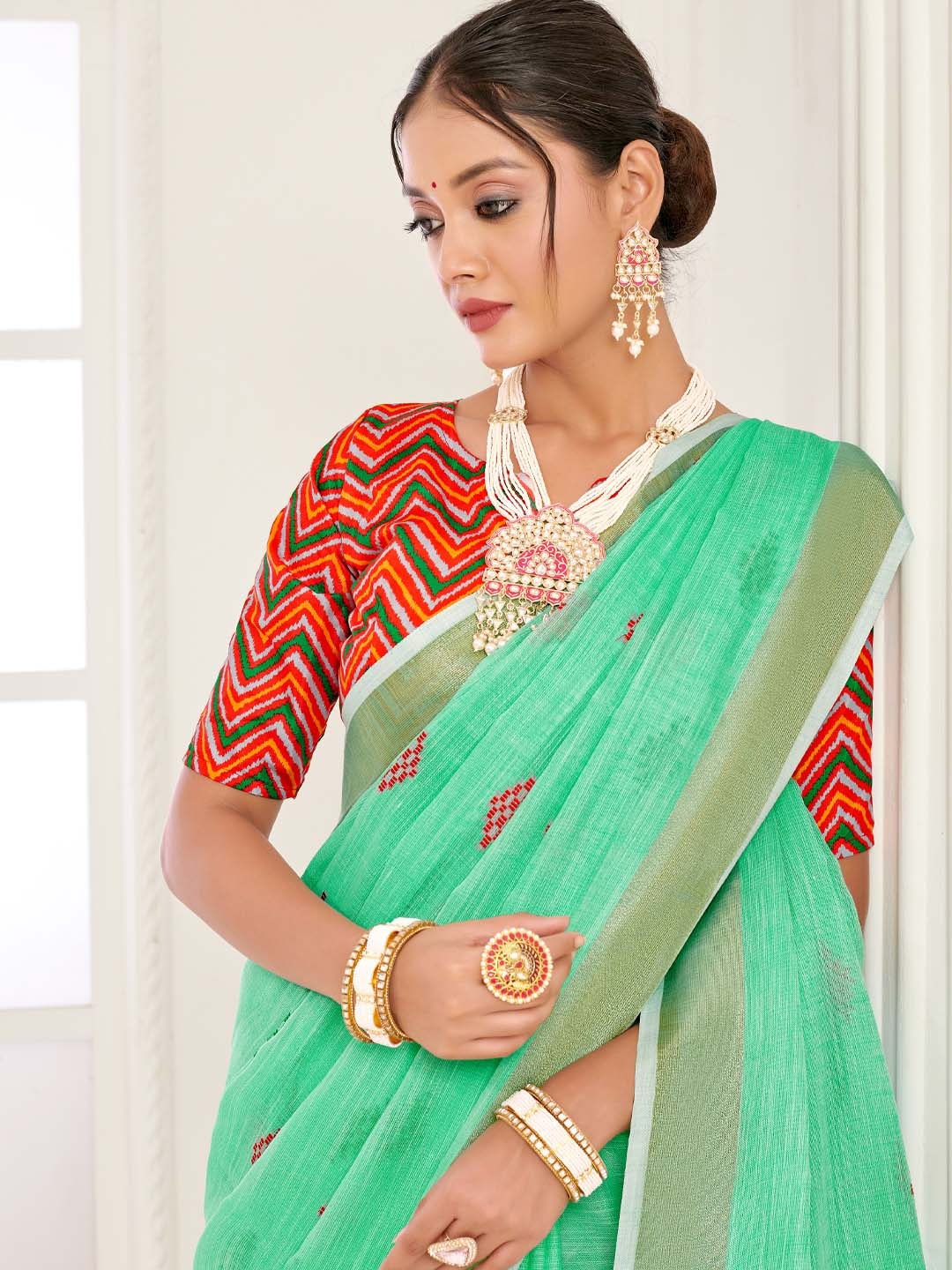 

Ishin Geometric Woven Design Zari Saree, Sea green