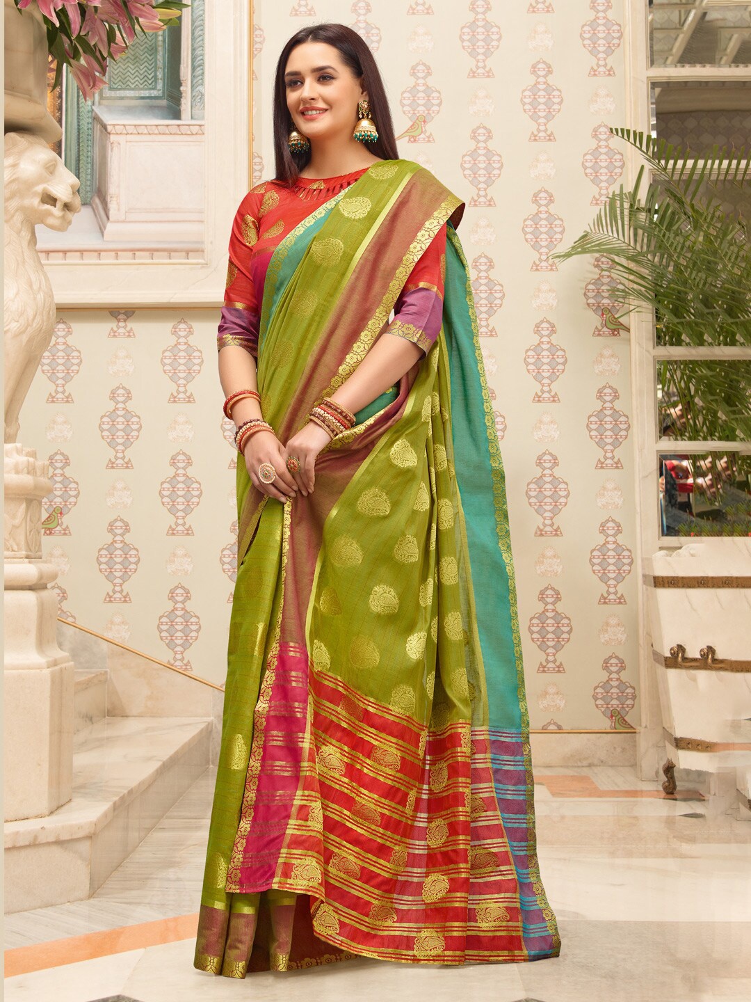 

Ishin Ethnic Motifs Woven Design Zari Saree, Sea green