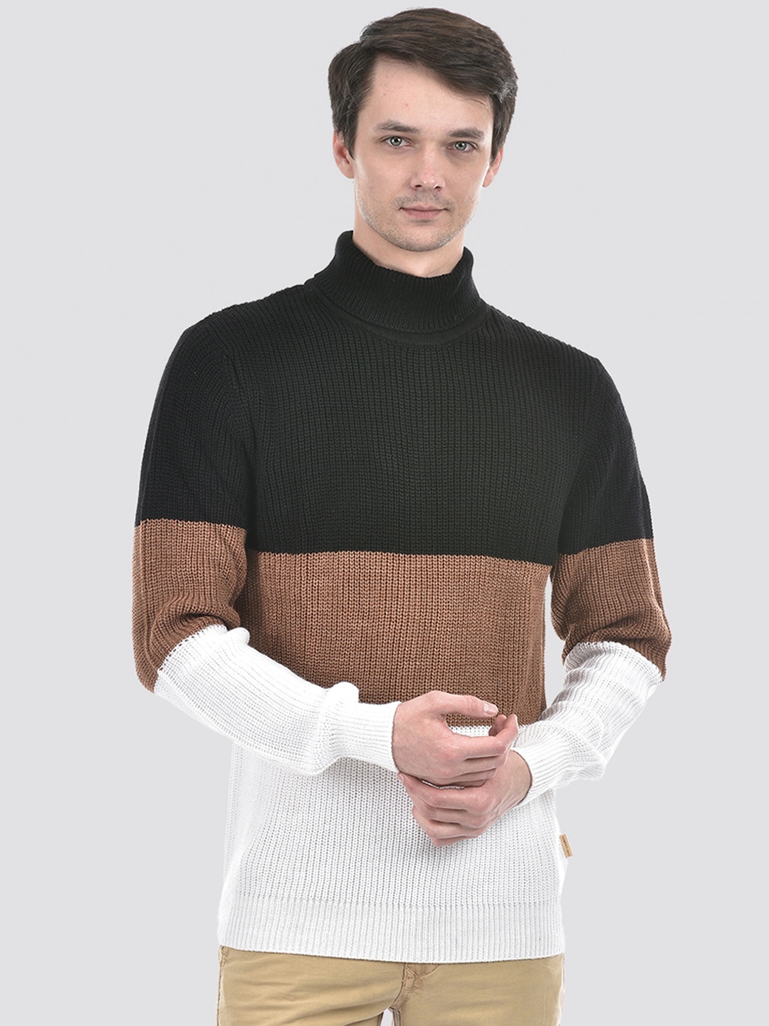 

Numero Uno Colourblocked Turtle Neck Long Sleeves Acrylic Pullover Sweaters, Black