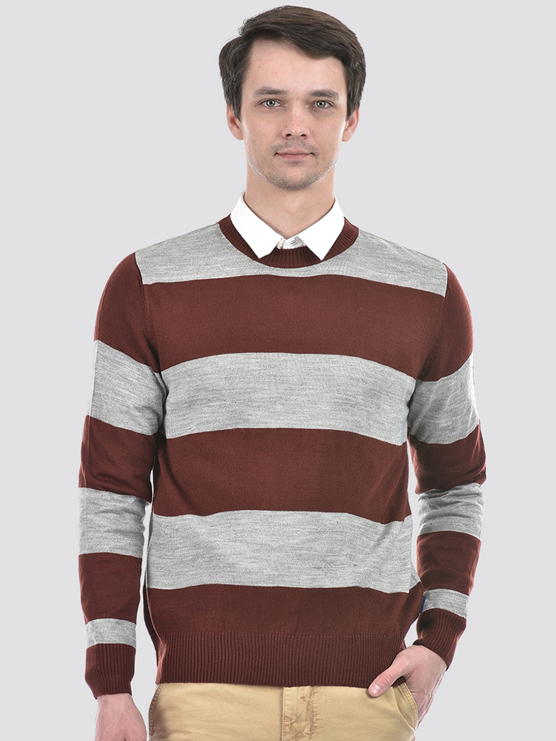 

Numero Uno Striped Long Sleeves Acrylic Pullover Sweater, Brown