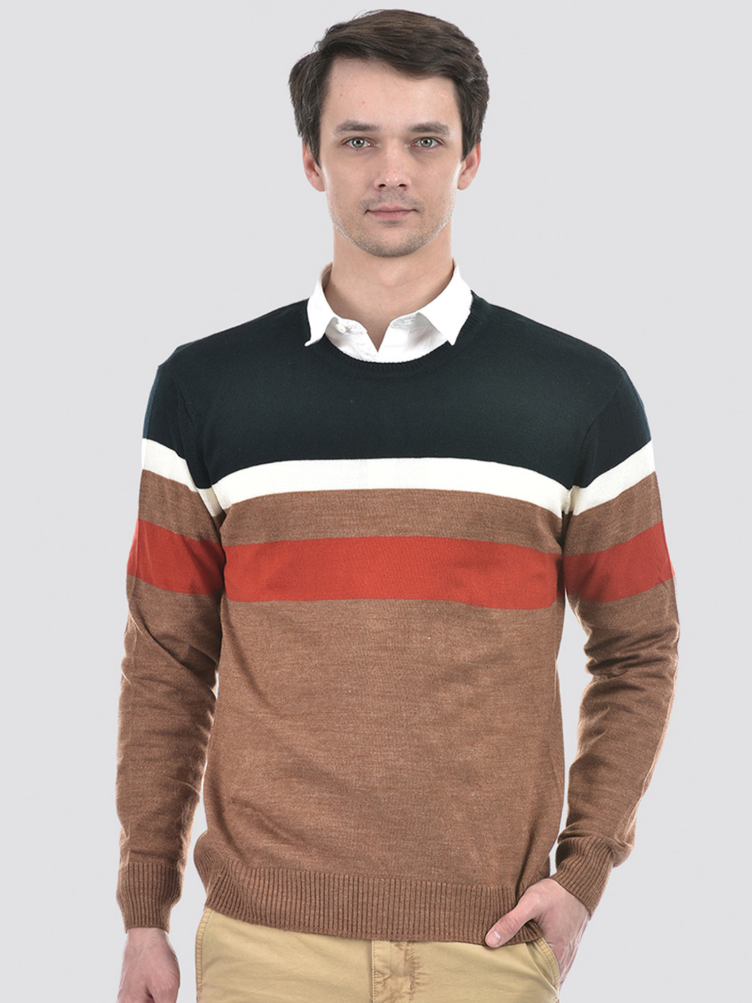 

Numero Uno Colourblocked Long Sleeves Acrylic Pullover Sweater, Brown