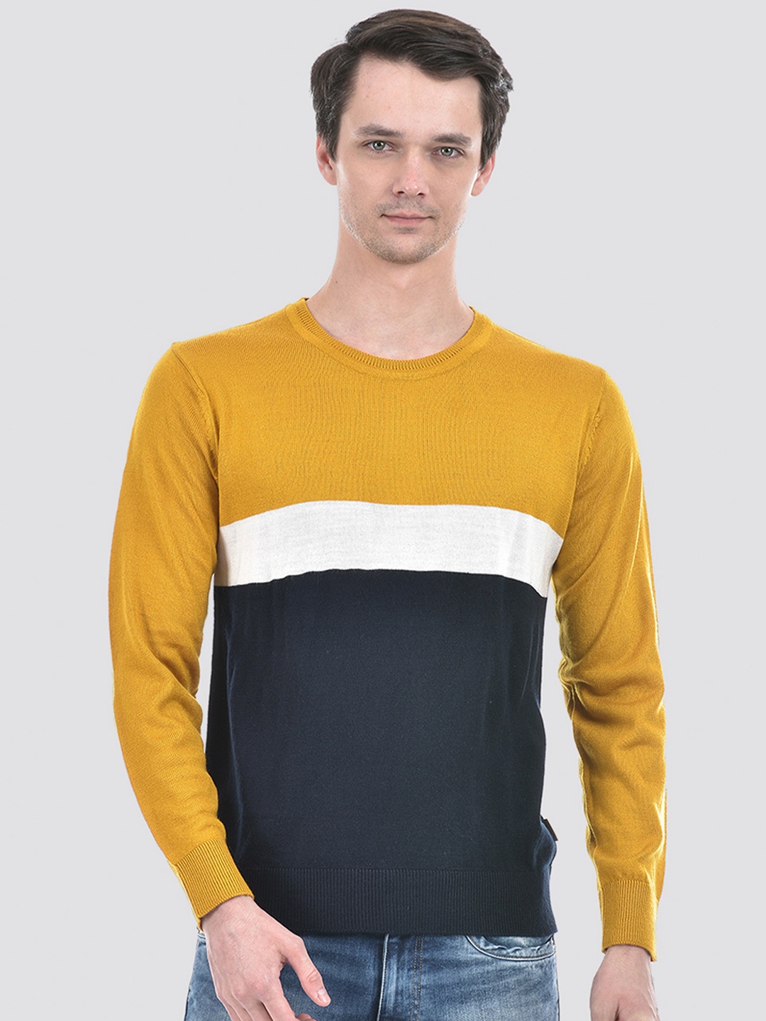 

Numero Uno Colourblocked Acrylic Pullover, Mustard