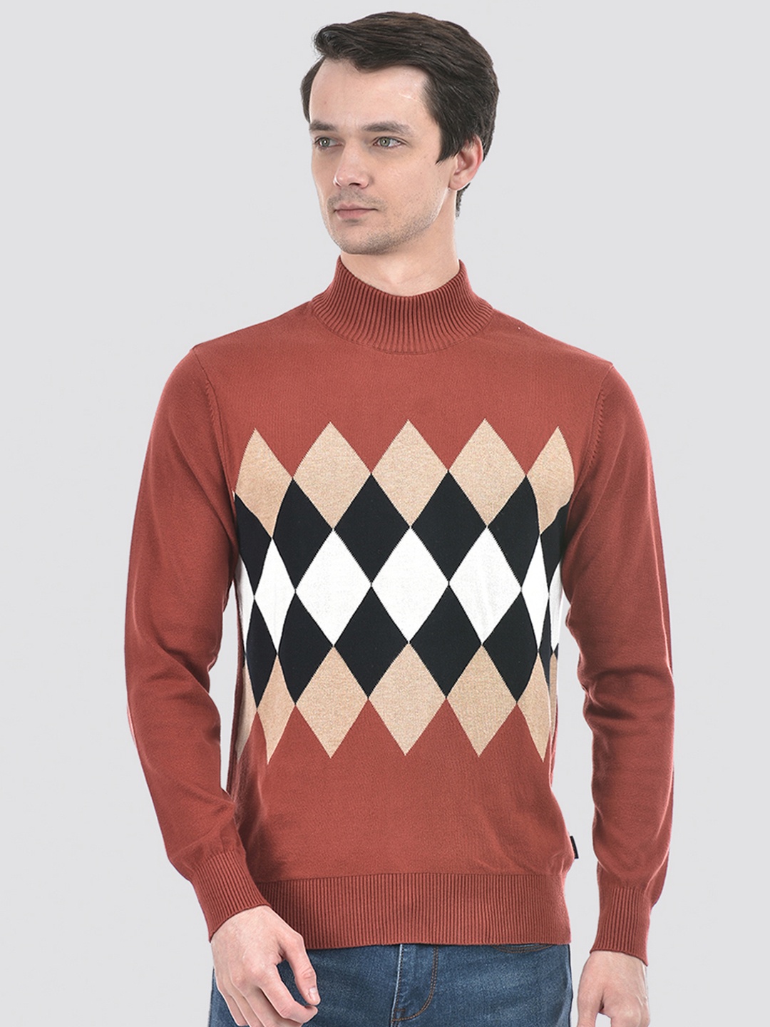 

Numero Uno Turtle Neck Argyle Printed Pure Cotton Pullover, Brown