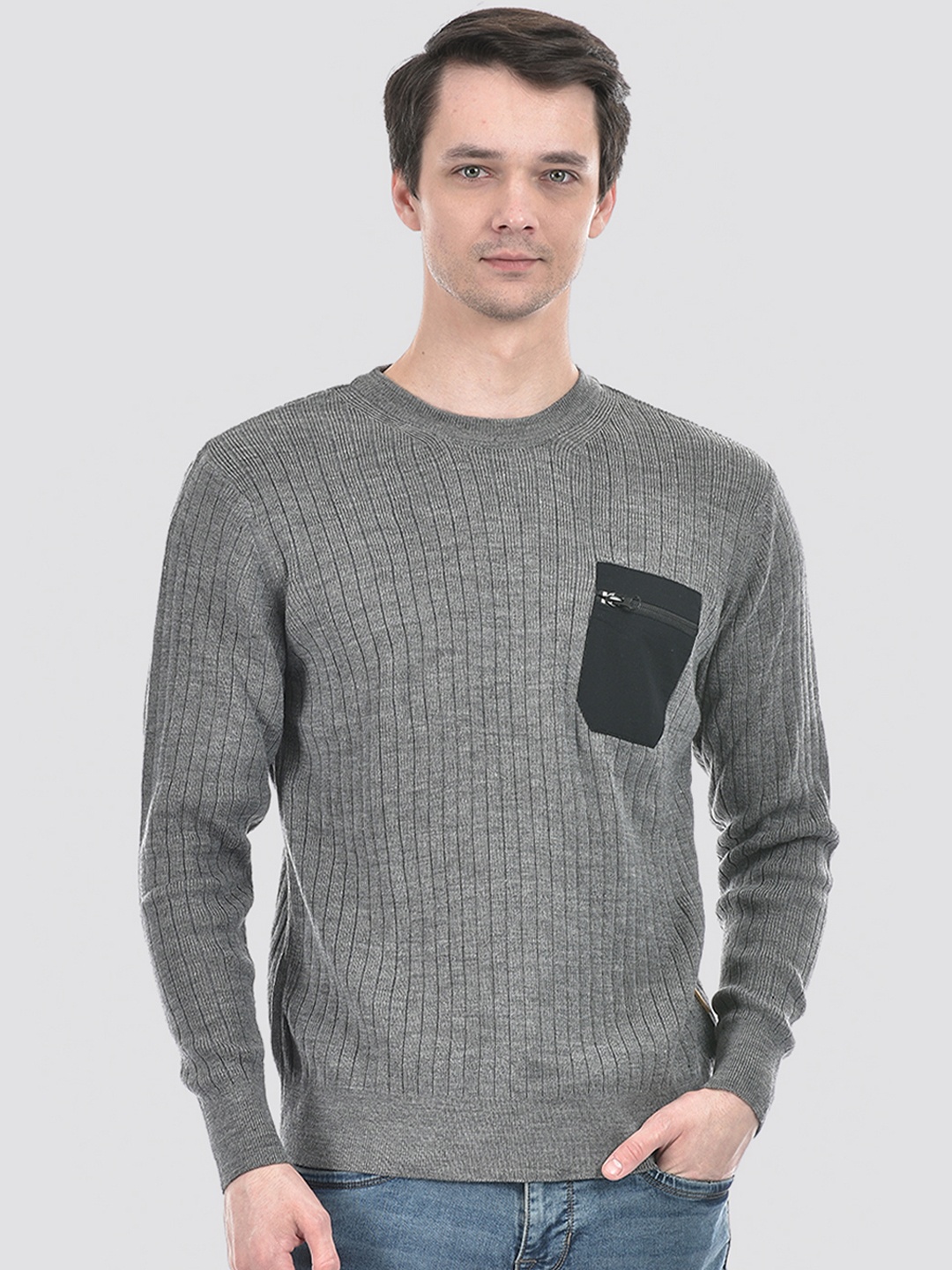 

Numero Uno Ribbed Round Neck Acrylic Pullover Sweater, Grey