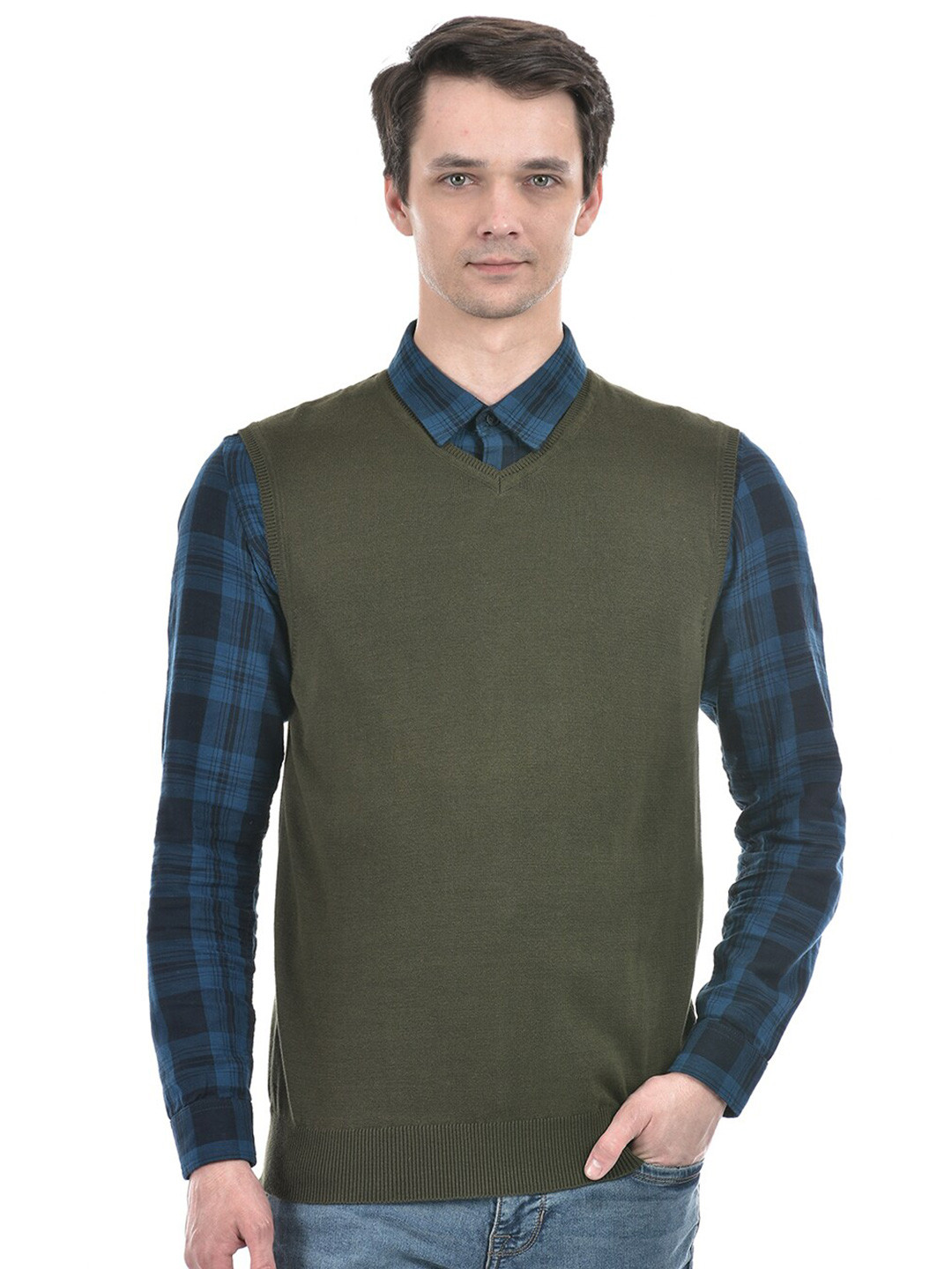 

Numero Uno V-Neck Sleeveless Cotton Sweater Vest, Green