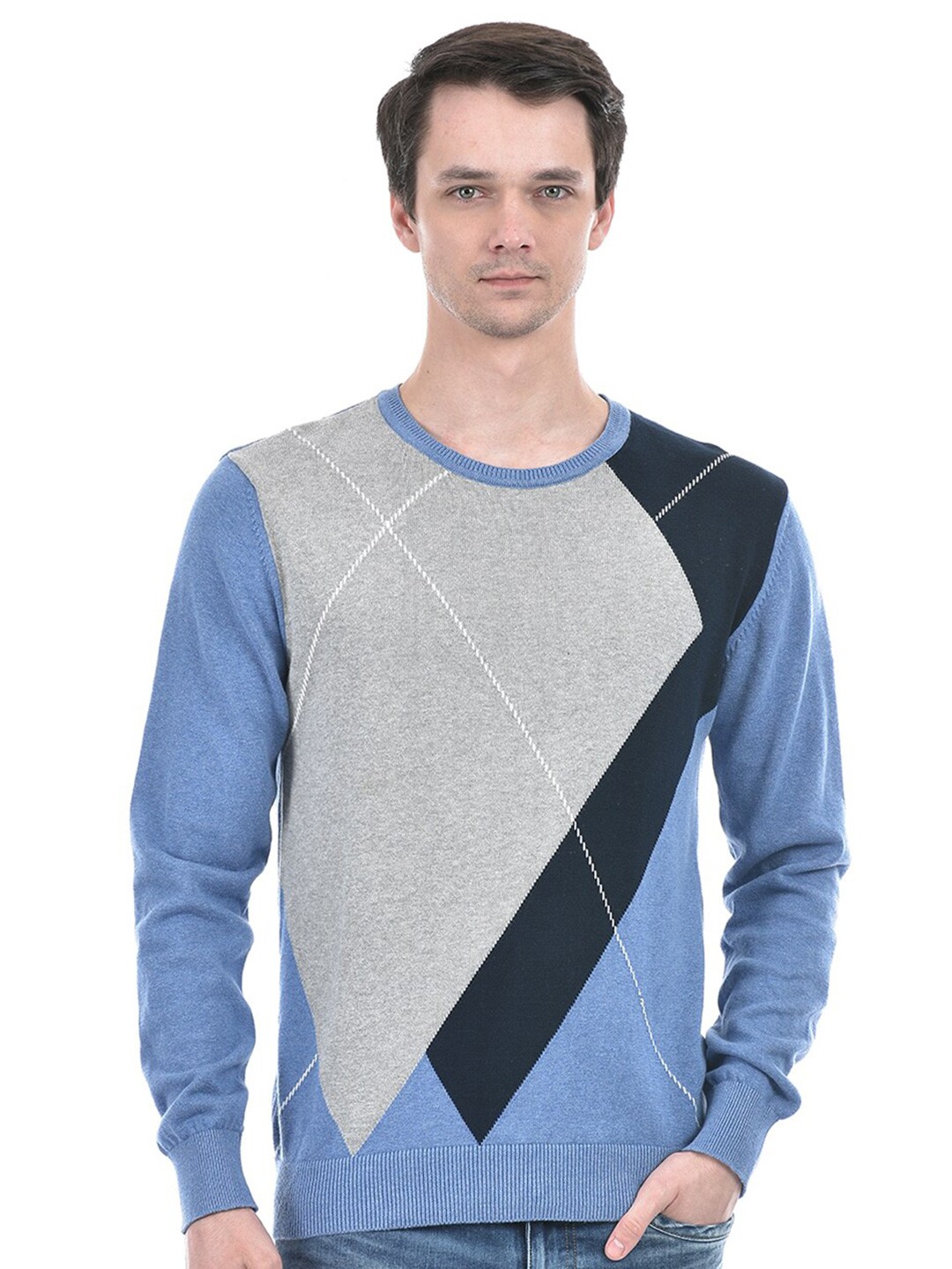 

Numero Uno Colourblocked Round Neck Cotton Pullover Sweater, Blue