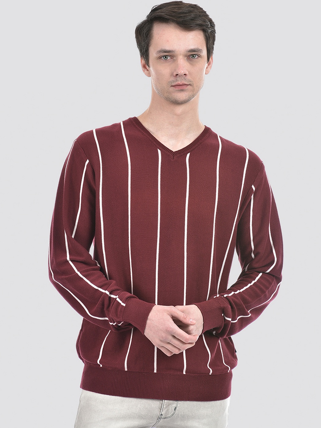 

Numero Uno Striped V-Neck Cotton Pullover Sweater, Maroon